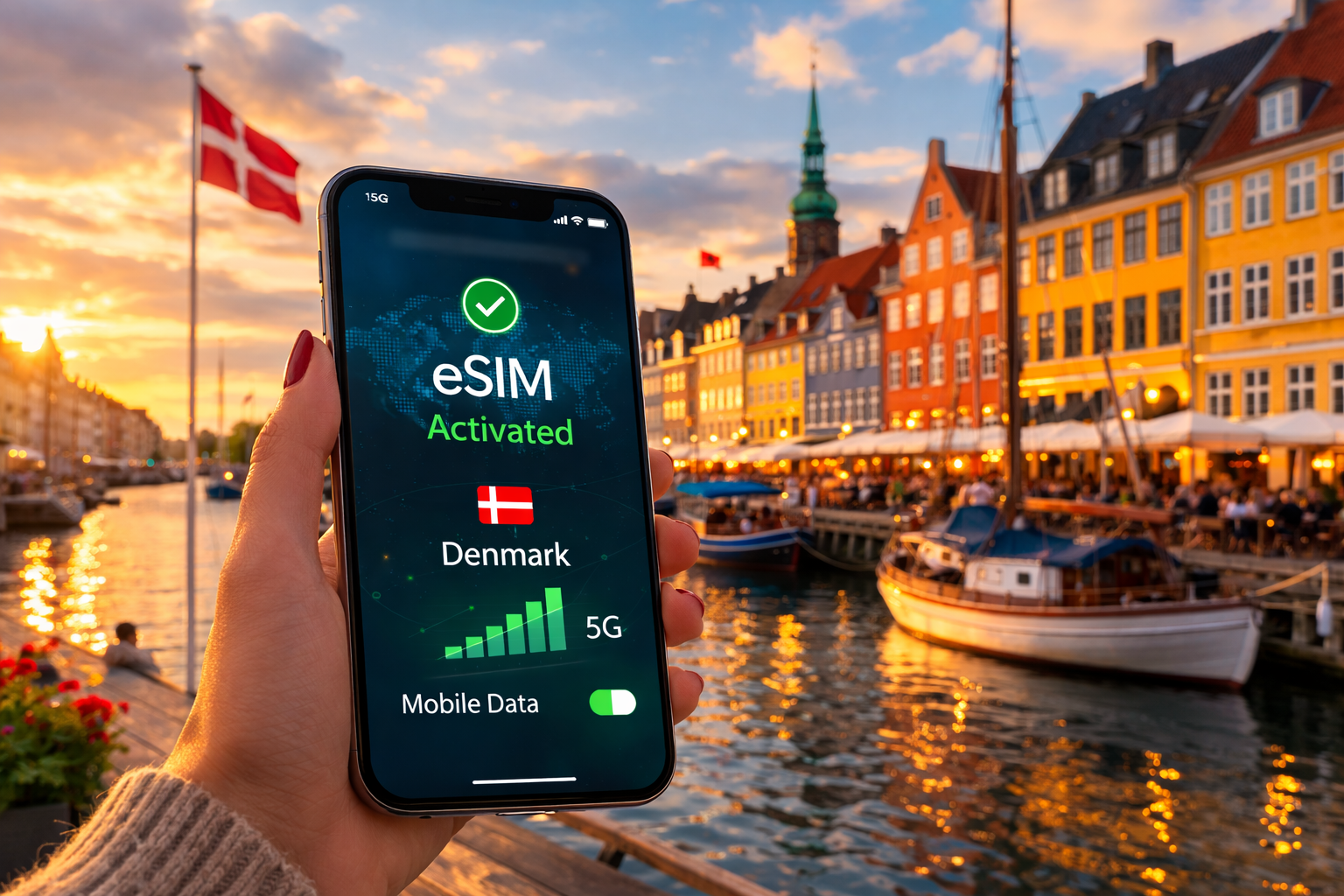 A smartphone with an activated eSIM with Copenhagen’s Nyhavn waterfront in the background