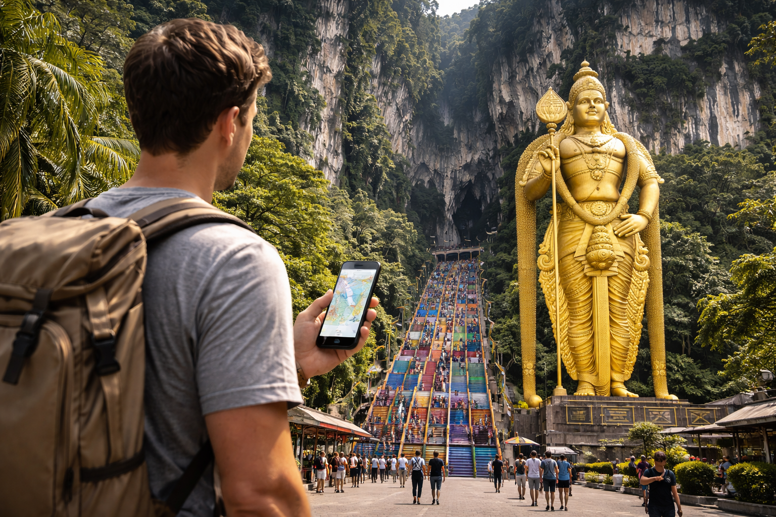 Бату Кейвс с золотой статуей, яркой лестницей и путешественником со смартфоном, использующим eSIM для навигации