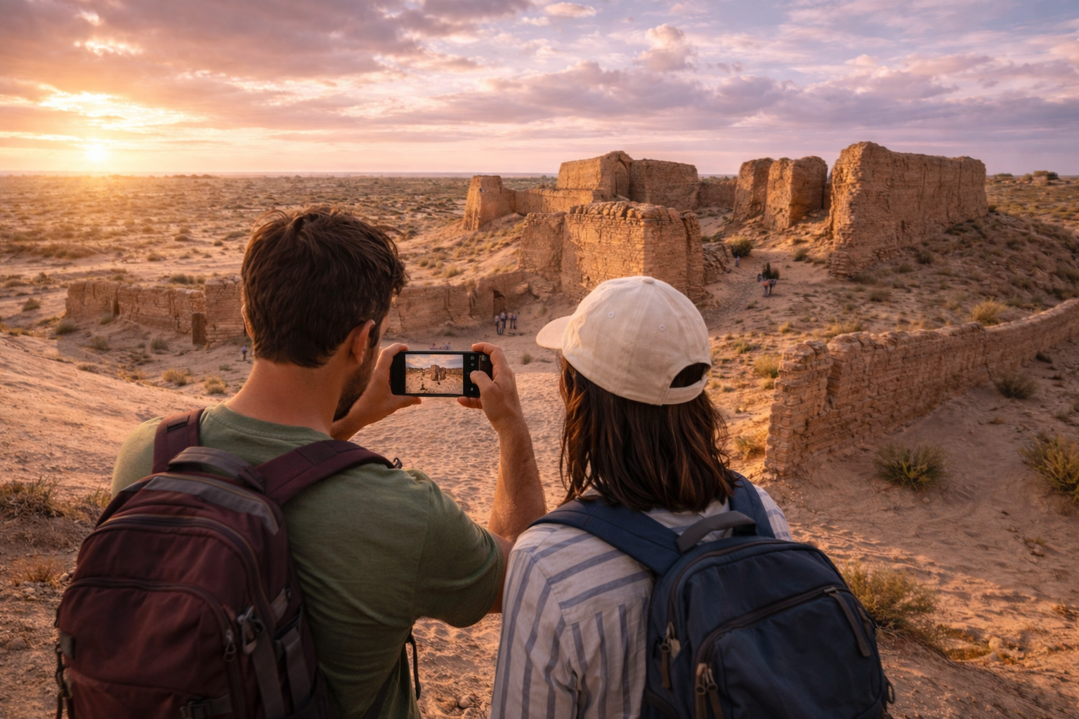 I viaggiatori usano internet eSIM vicino alle antiche fortezze del deserto del Kyzylkum