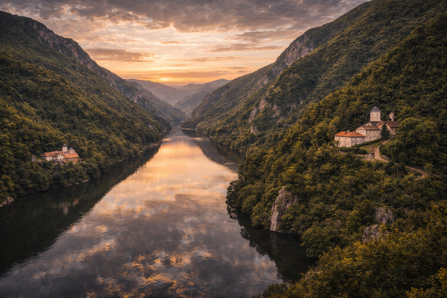 Ovčar-Kablar Gorge in Serbia with a river, mountains, and monasteries.
