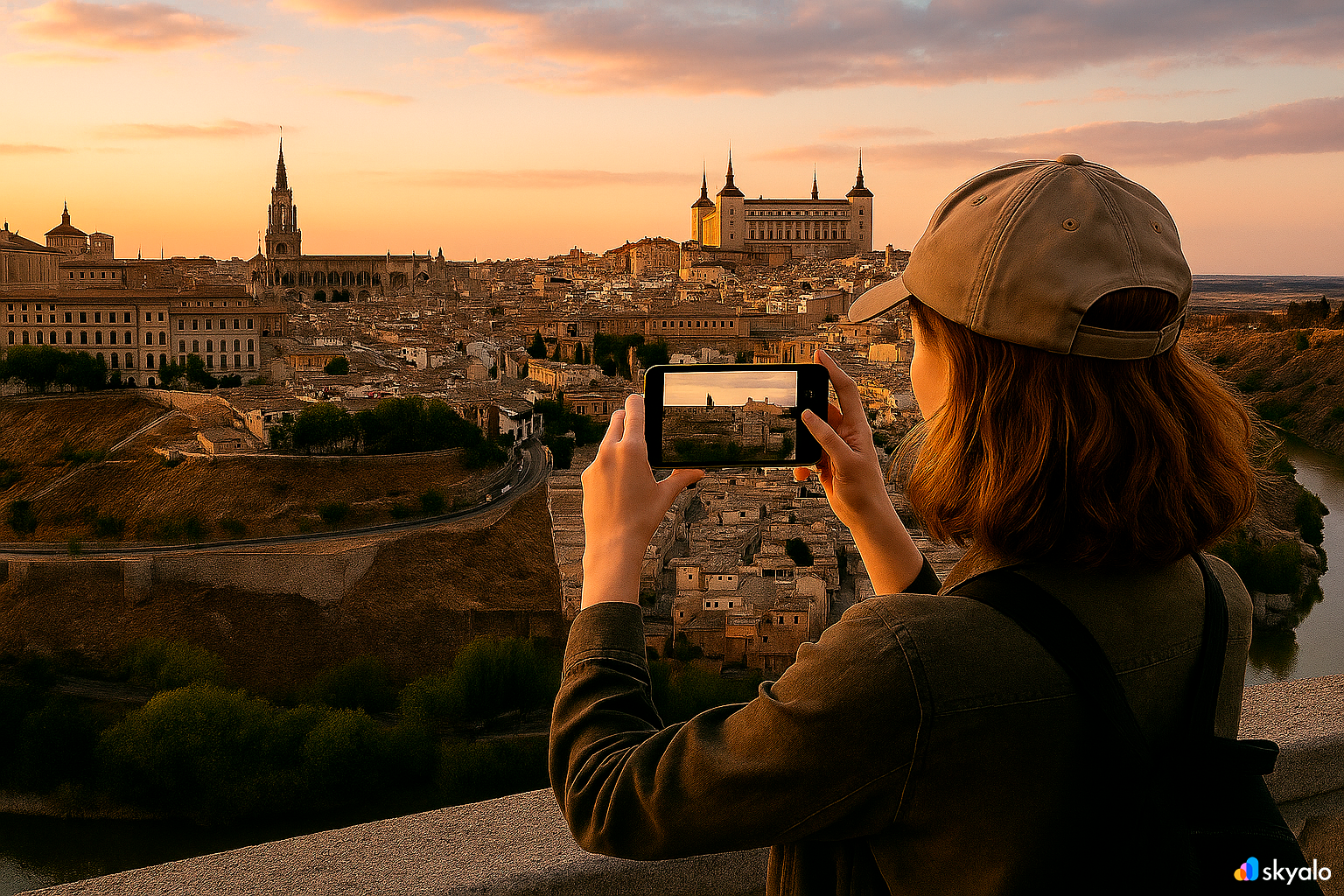 Panorama of Toledo from viewpoint above the Tagus River, golden hour with tiled rooftops