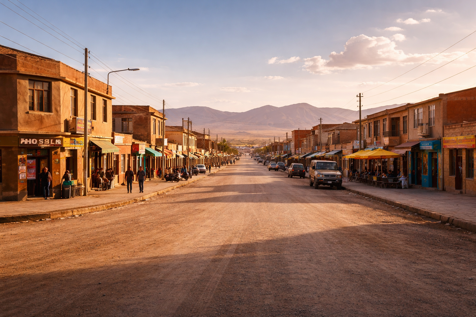 העיר אויוני בבוליביה עם רחובות פתוחים, אור יבש של גובה רב, בנייה נמוכה ואווירת נקודת מוצא למישור המלח.