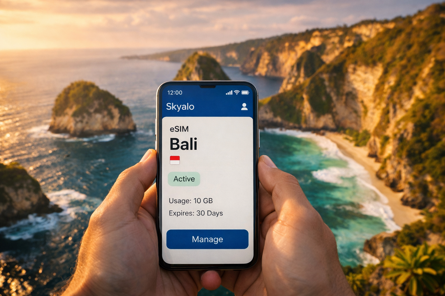 A smartphone with an active eSIM against Bali’s coastline at sunset; the screen shows Bali and eSIM Active