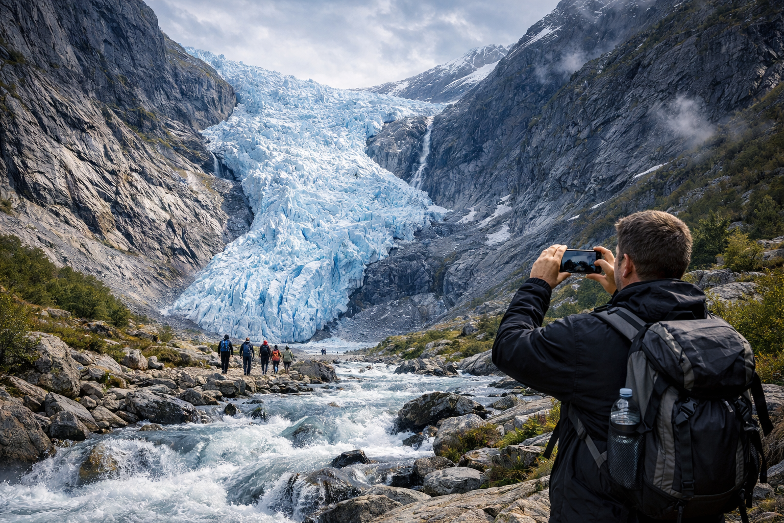 Briksdal Glacier in Norway – an icy tongue in a mountain valley