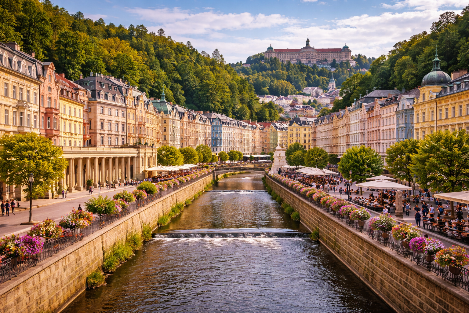 La città termale di Karlovy Vary con colonnati e il fiume Teplá.