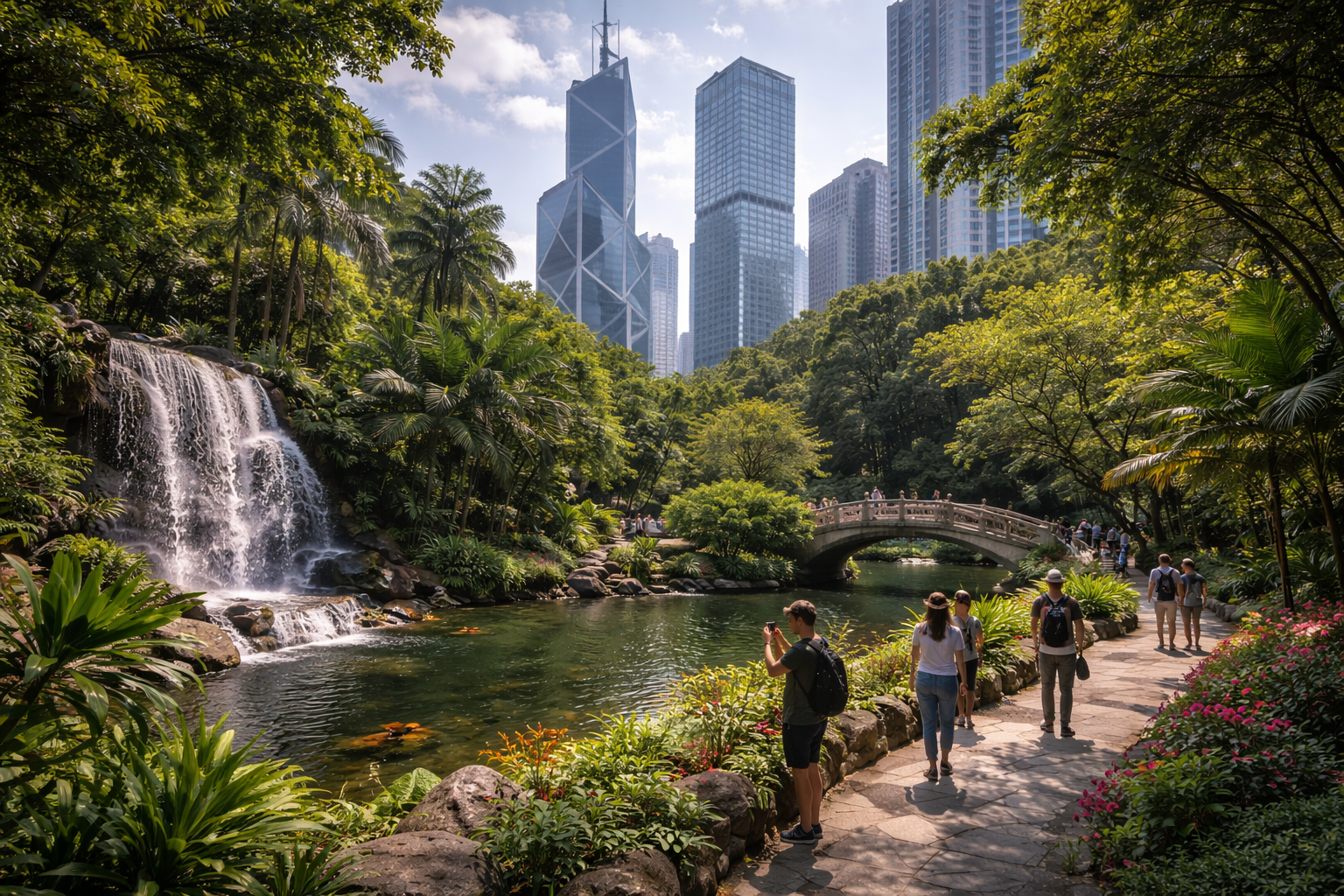 Hong Kong Park’s tropical greenery among the city’s skyscrapers.