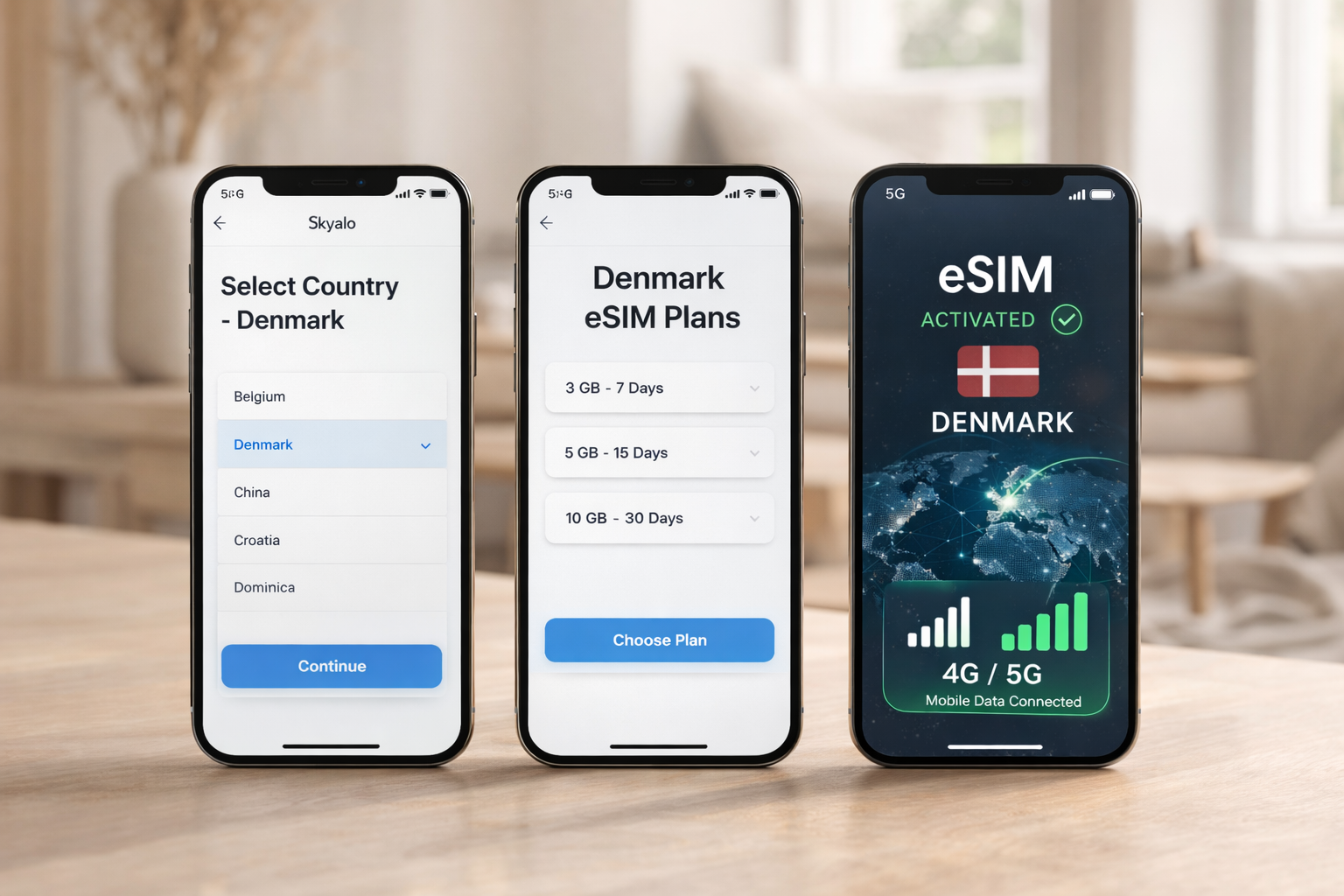 Setting up an eSIM for Denmark on three smartphones — choosing the country, selecting a plan, and successful activation