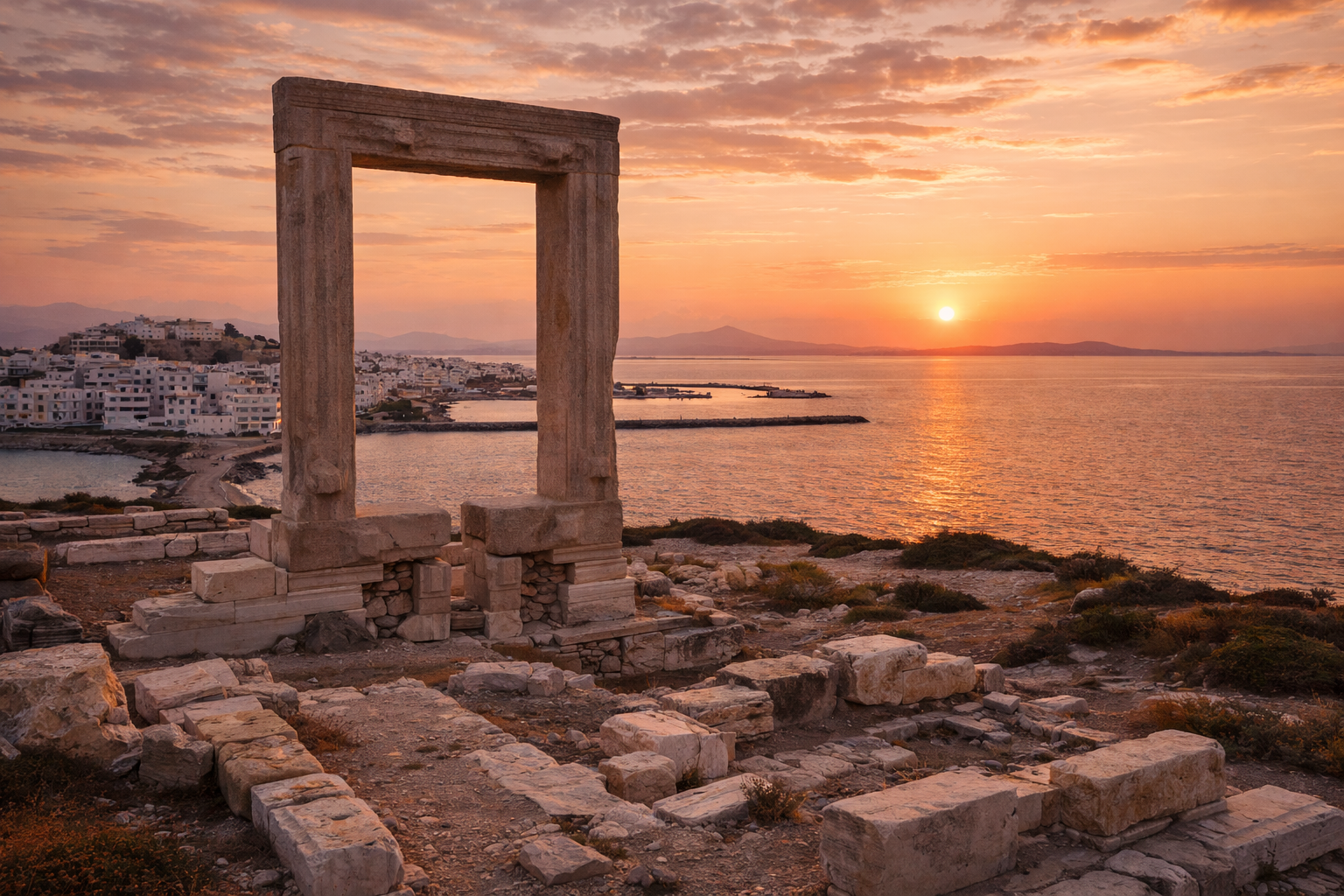 Portara on the island of Naxos with the sea in the background