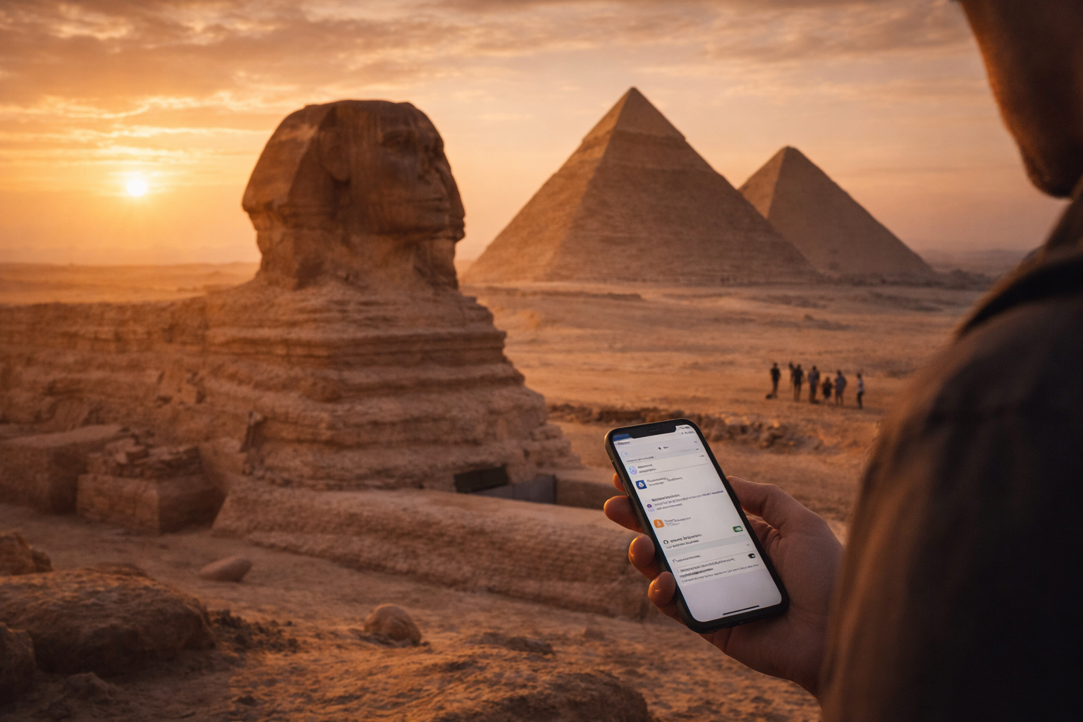The Great Sphinx and the Pyramids of Giza at sunset — tourists explore Egypt’s ancient monuments with eSIM mobile internet