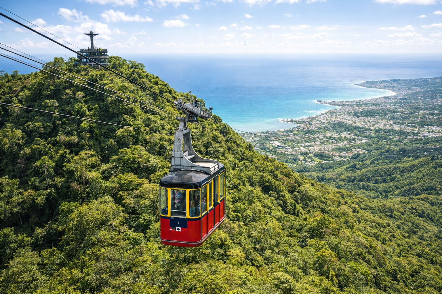 Telefèric a Puerto Plata amb muntanyes verdes i oceà al fons