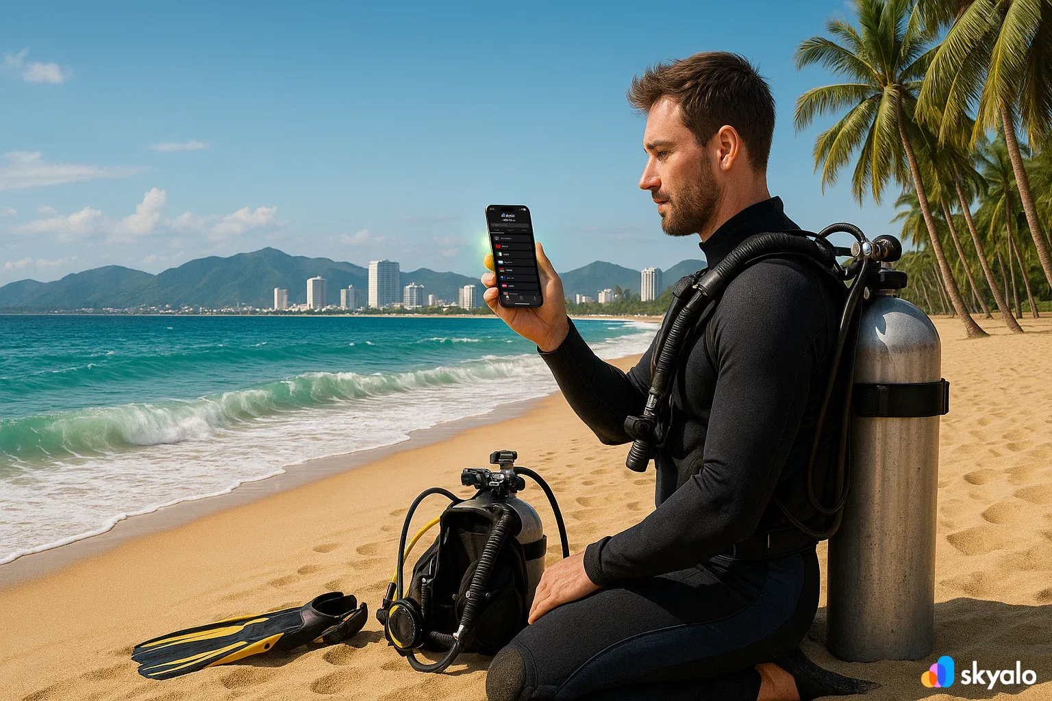 Nha Trang beach, diver with eSIM sharing underwater shots in real time