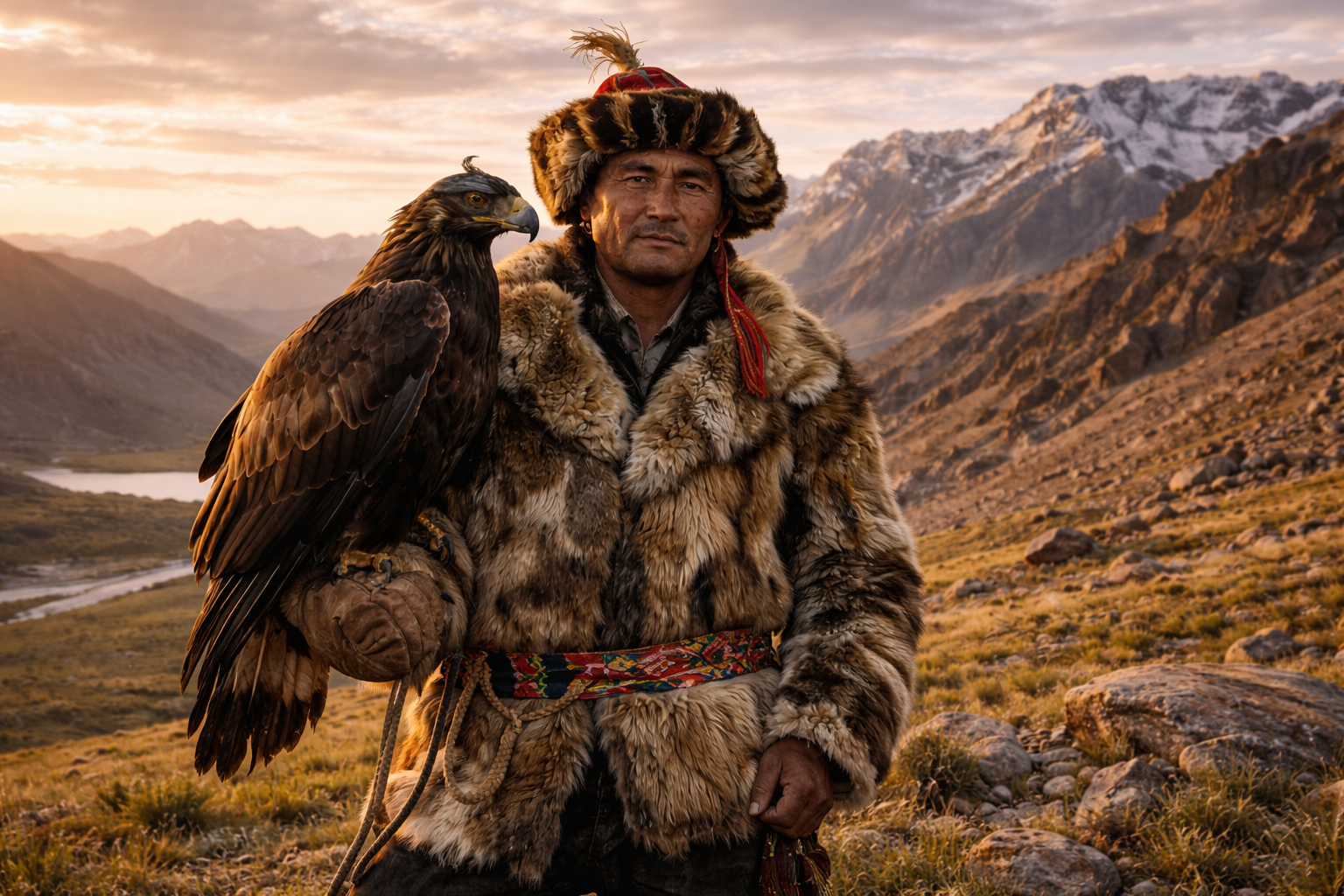Bayan-Ölgii en Mongolia con un cazador con águila, ropa tradicional, montañas y la atmósfera de la región occidental del país