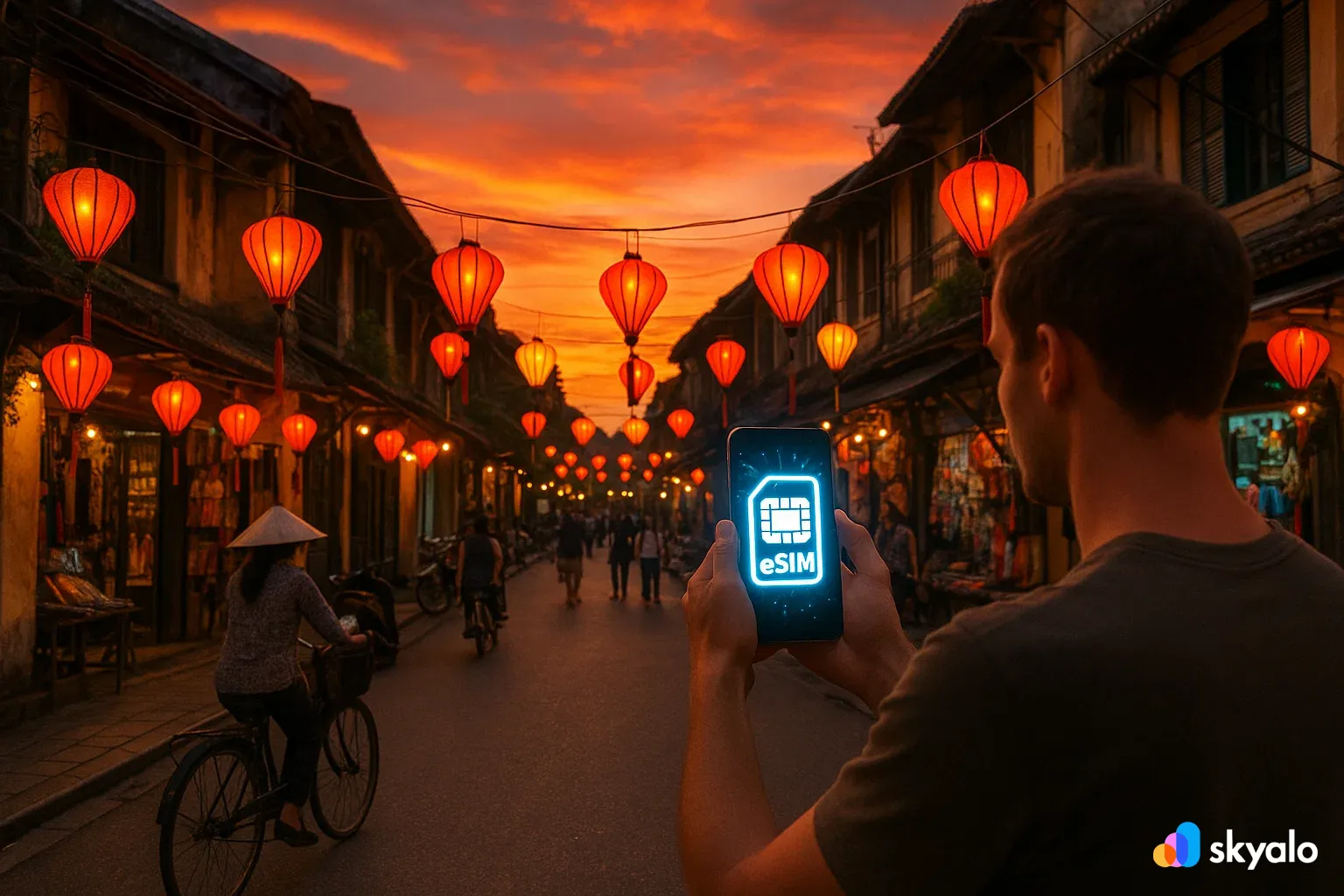 Hanoi Old Quarter with Hoan Kiem Lake and French colonial architecture, traveler using eSIM to share stunning photos and stay connected without roaming.