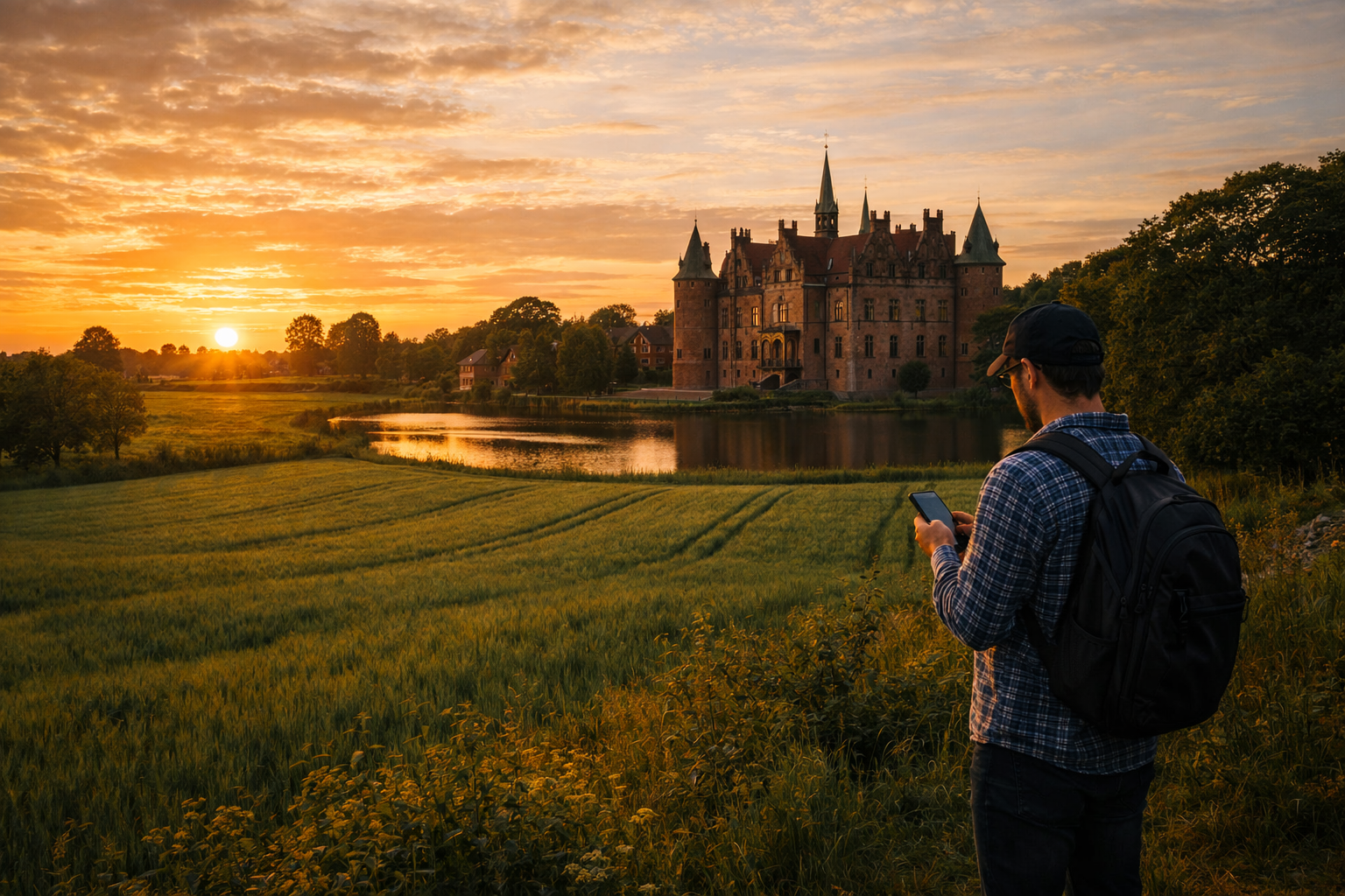 Funen landscapes and a traveler using an eSIM