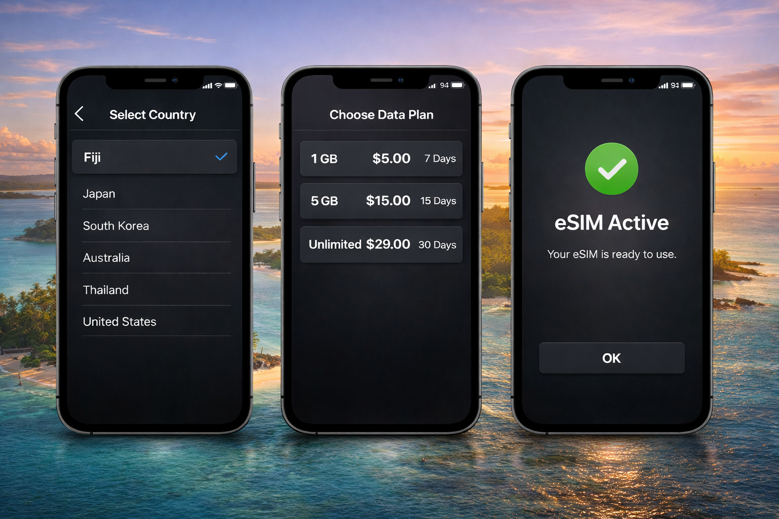 Tři smartphony s rozhraním eSIM na pozadí tropických ostrovů Fidži s tyrkysovým oceánem a západem slunce