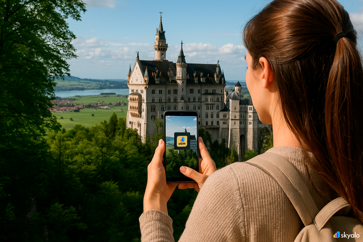 Romantic Road; a tourist photographs a castle and vineyards, sharing via eSIM from Skyalo