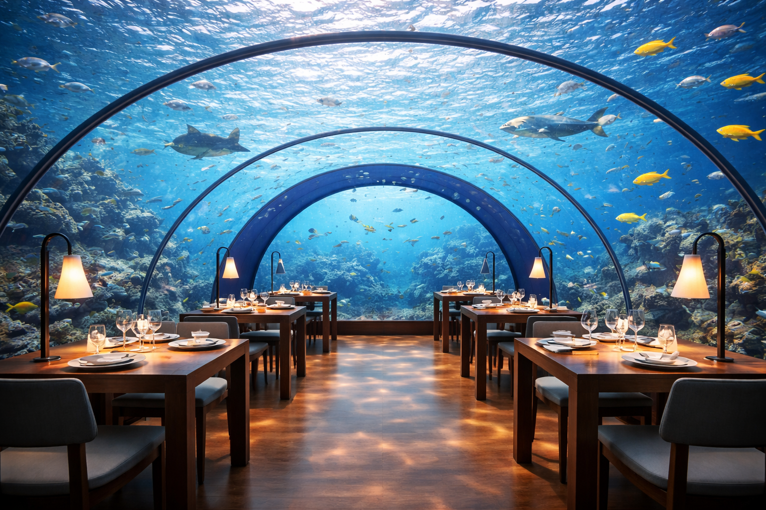 Underwater restaurant with a panoramic dome