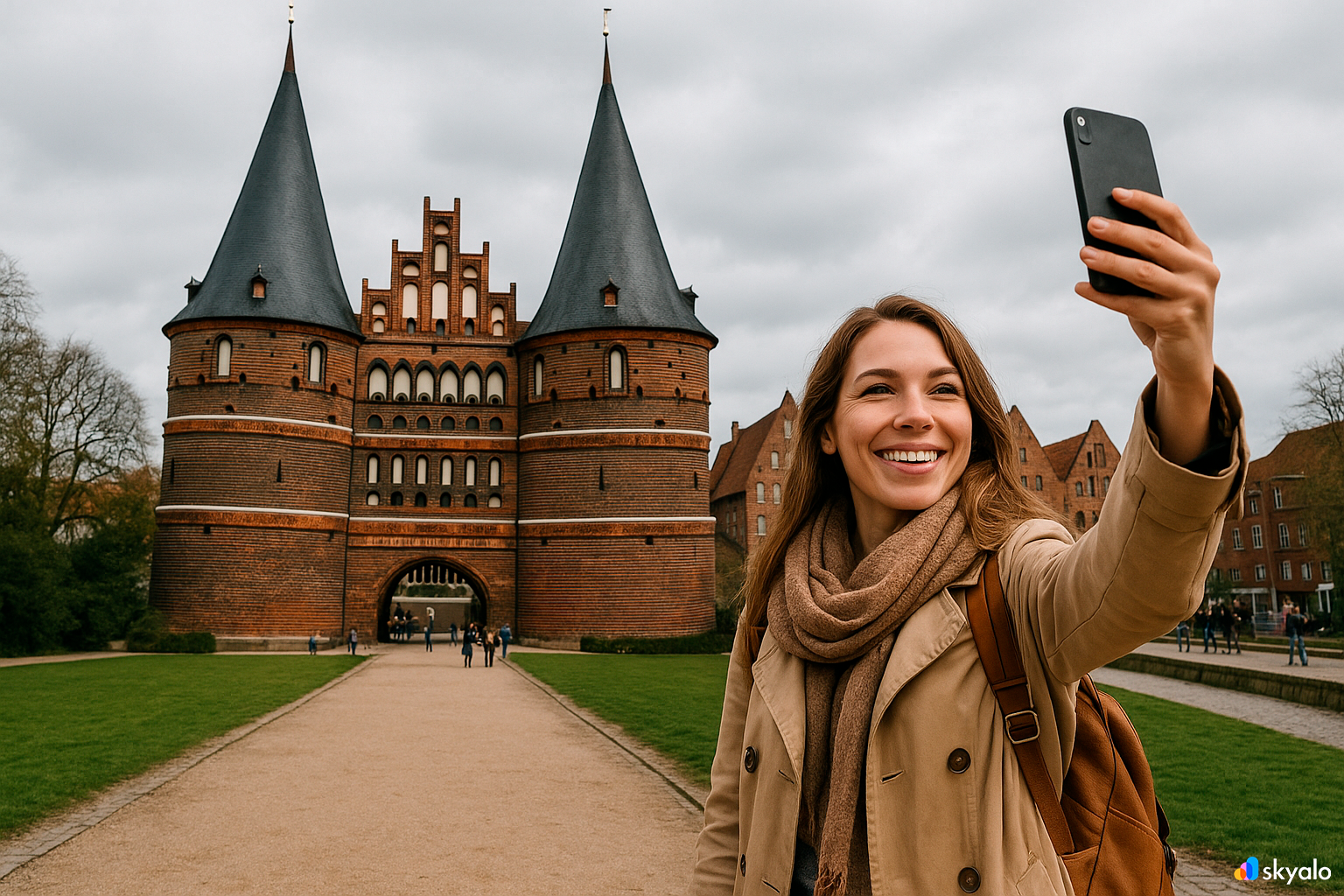 Lübeck, Holstentor Gate; female tourist taking a selfie in the historic city center