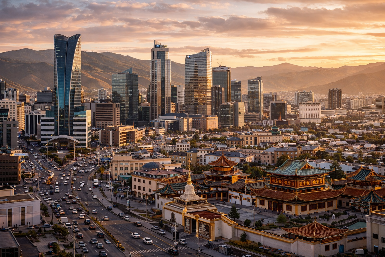 Ulaanbaatar con edificios modernos, arquitectura tradicional, calles de la capital y montañas en el horizonte