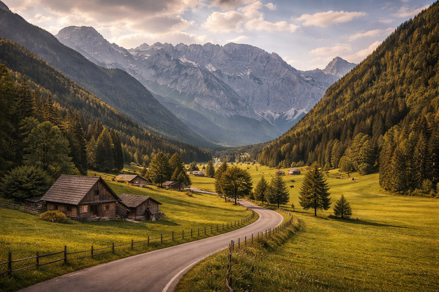 עמק לוגר בסלובניה עם מרבדים ירוקים רחבים, הרים אלפיניים, בתי עץ ודרך יפה בתוך הטבע
