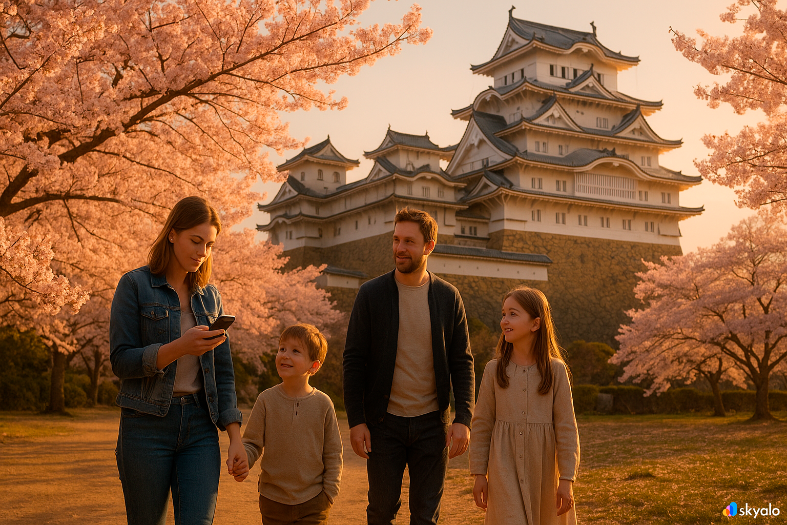Family walking near Himeji Castle surrounded by cherry blossoms; mother checks the walking route on her smartphone