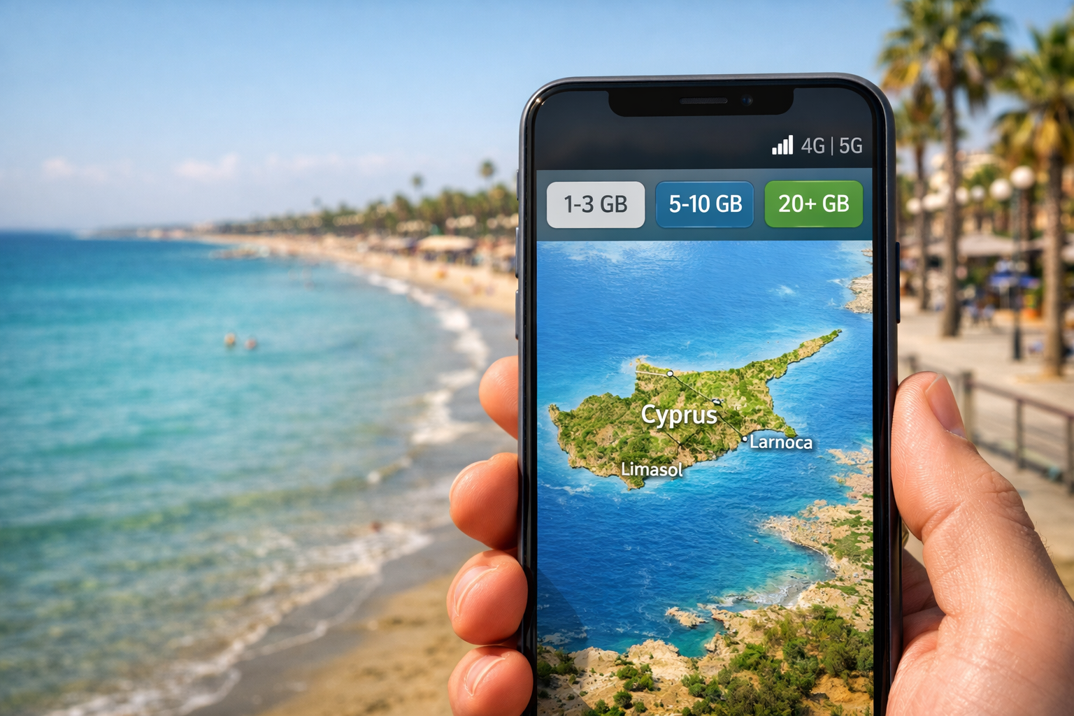 Quanti dati mobili servono a un turista a Cipro: esempio di utilizzo di 1-3 GB, 5-10 GB e 20+ GB durante un viaggio.