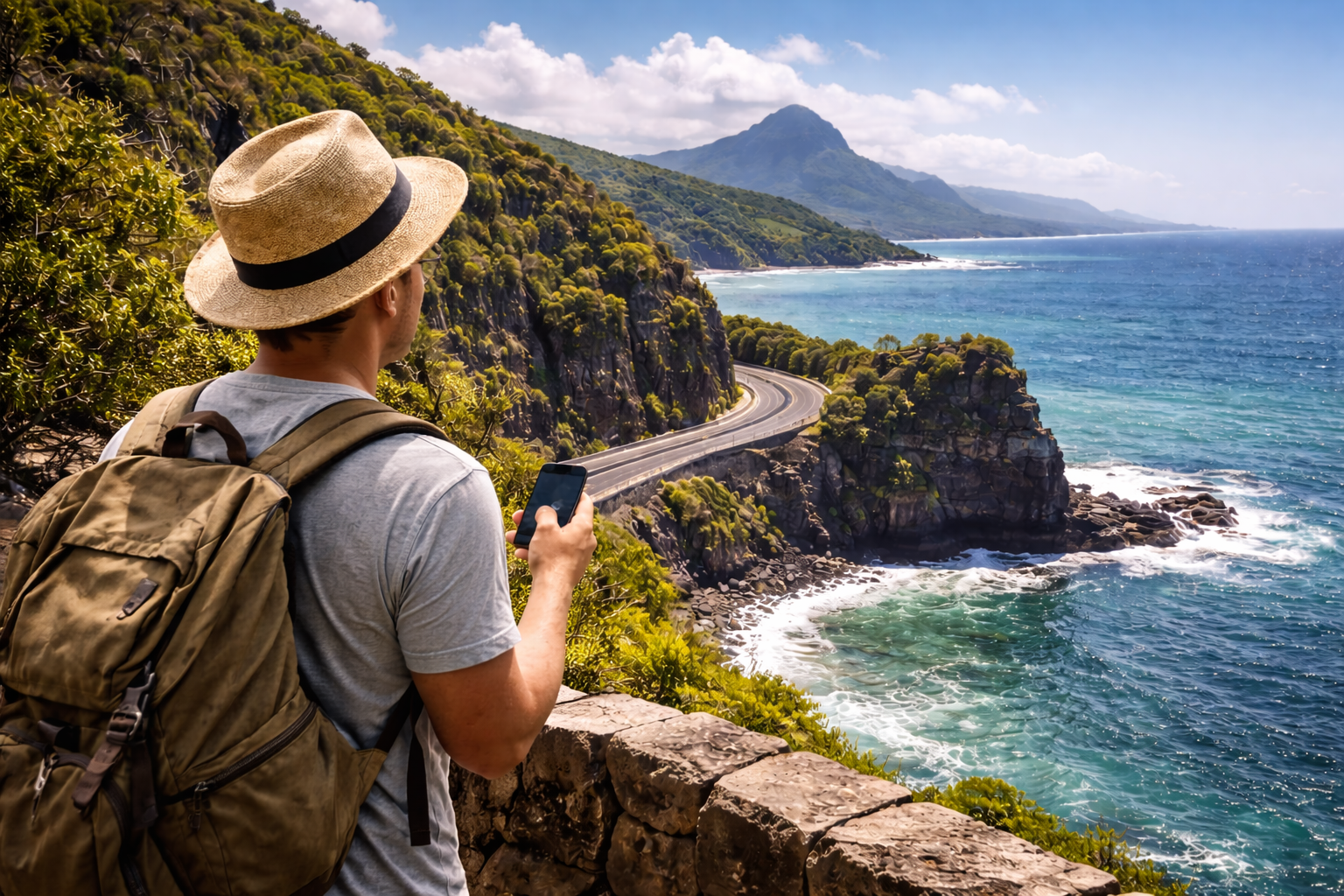 Macondé Viewpoint in Mauritius with ocean and road views, plus a traveler using an eSIM on a smartphone