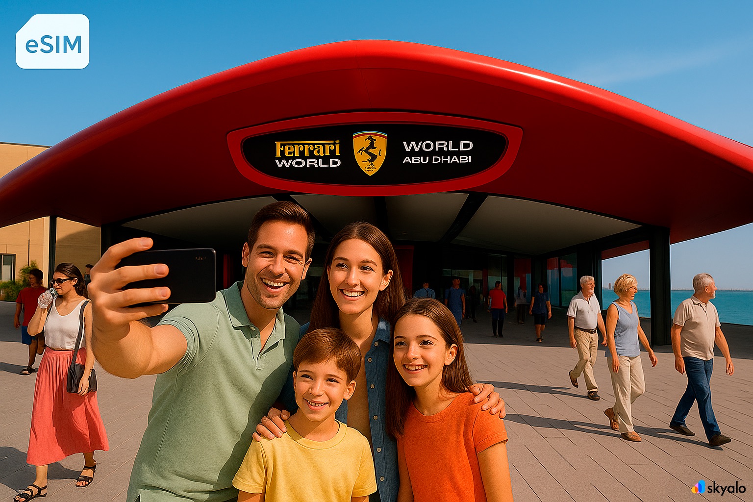 Семья разговаривает по видеосвязи на фоне Ferrari World благодаря eSIM Skyalo