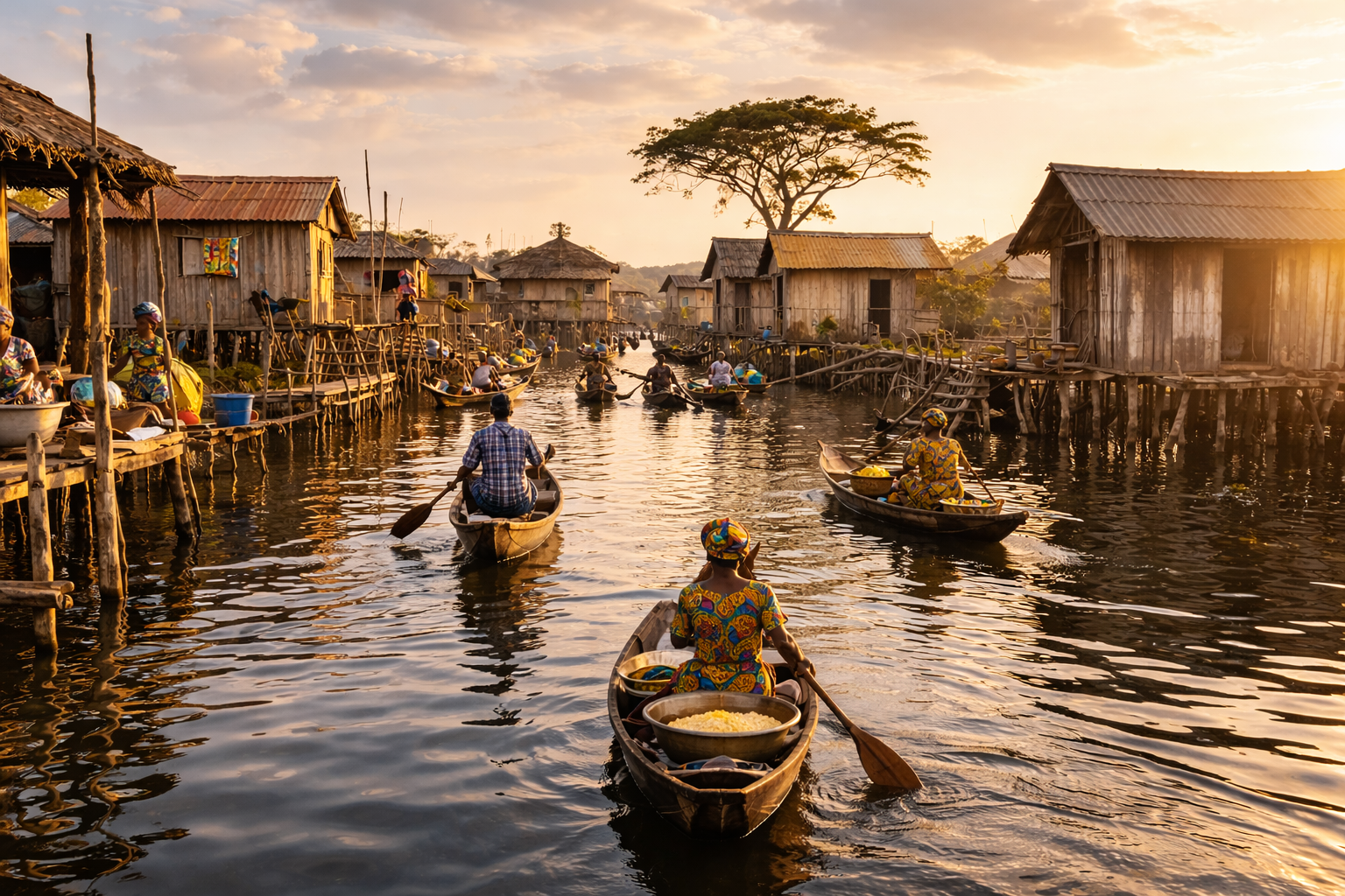 גנבייה בבנין עם בתים על כלונסאות, מעברים צרים במים, סירות ואווירה חיה של כפר על המים