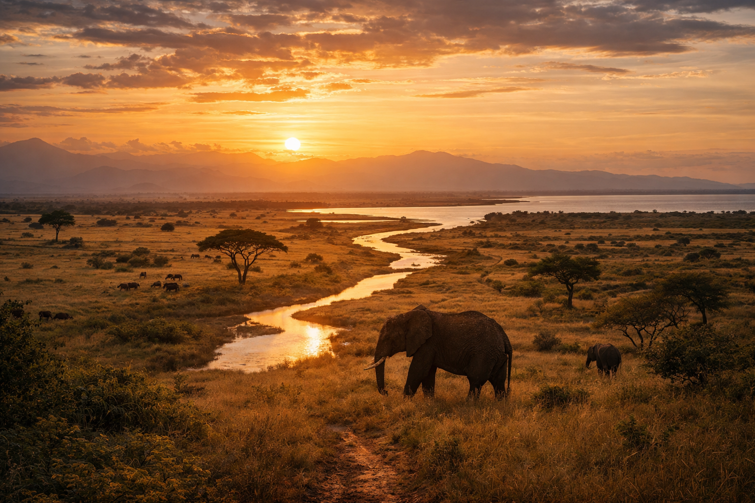 Taman Negara Queen Elizabeth di Uganda dengan savana, tasik, ruang terbuka dan suasana safari klasik