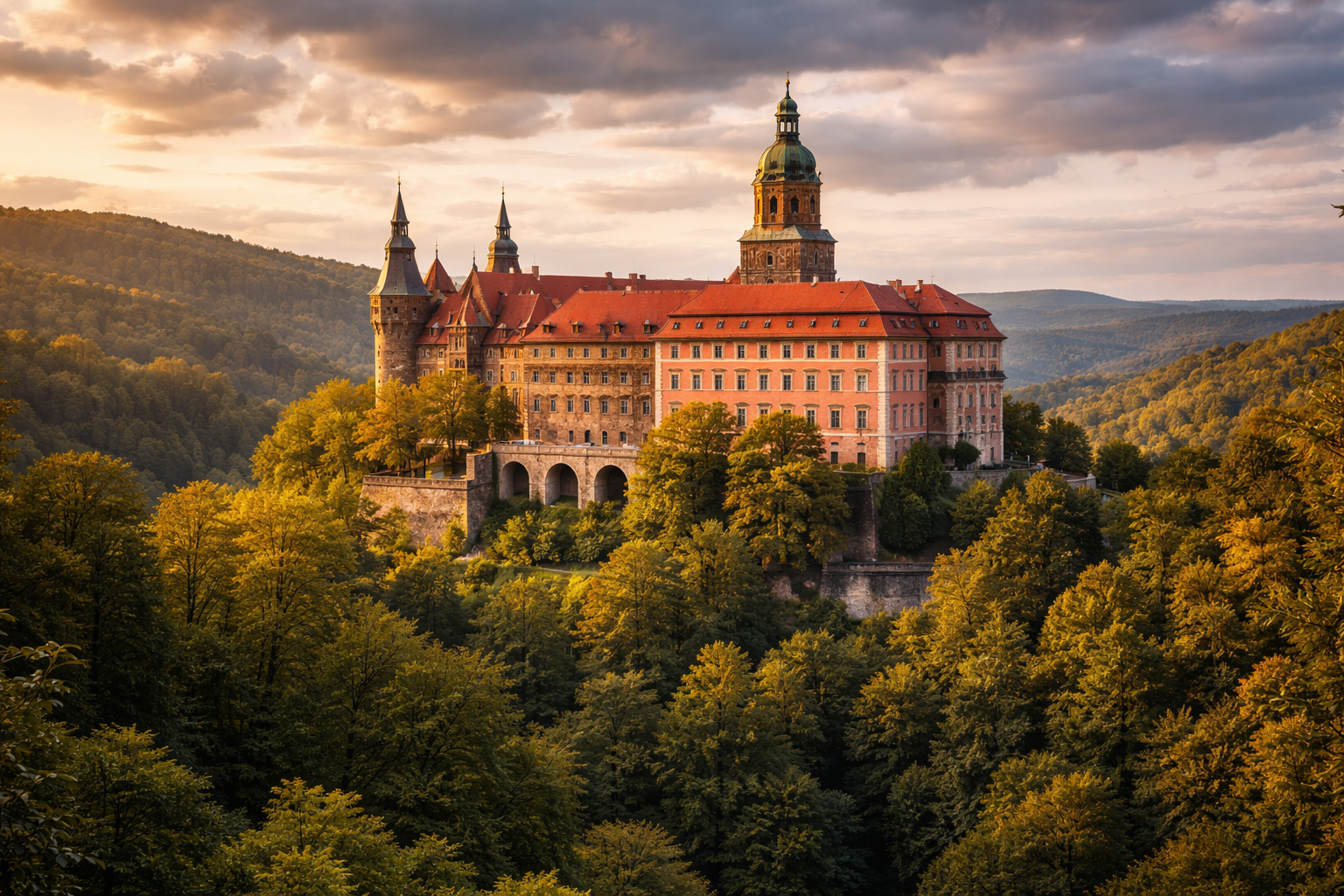 قلعة كسيونج على تل بين غابات سيليزيا السفلى في بولندا