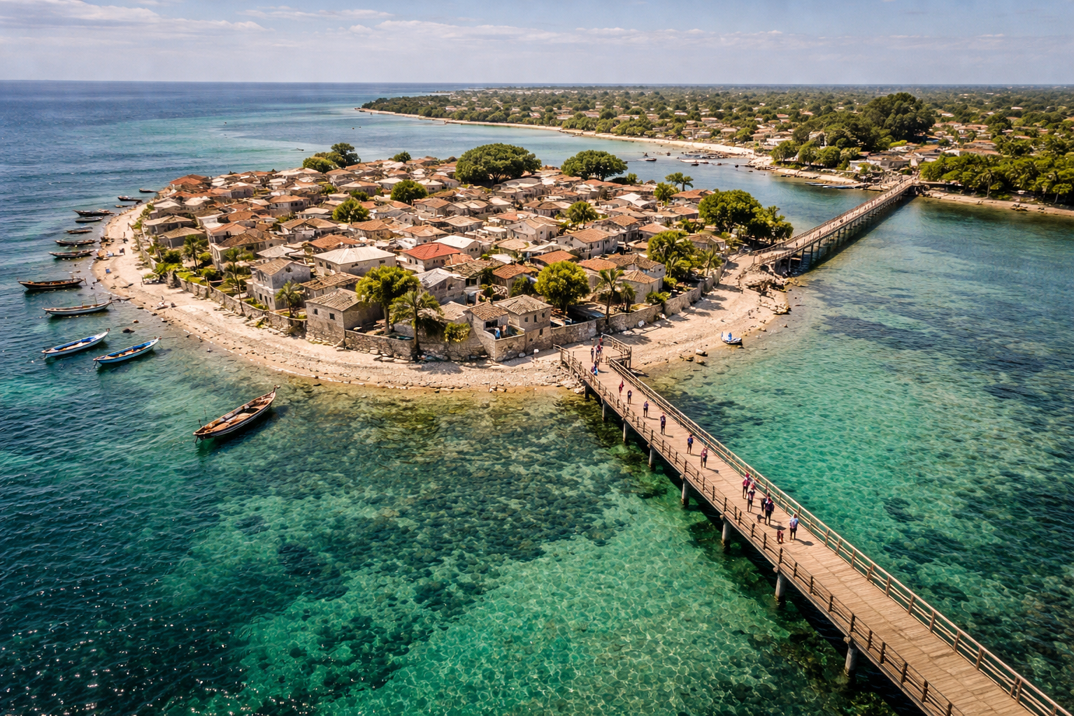 Fadiouth Island with shell-lined streets and a wooden bridge.