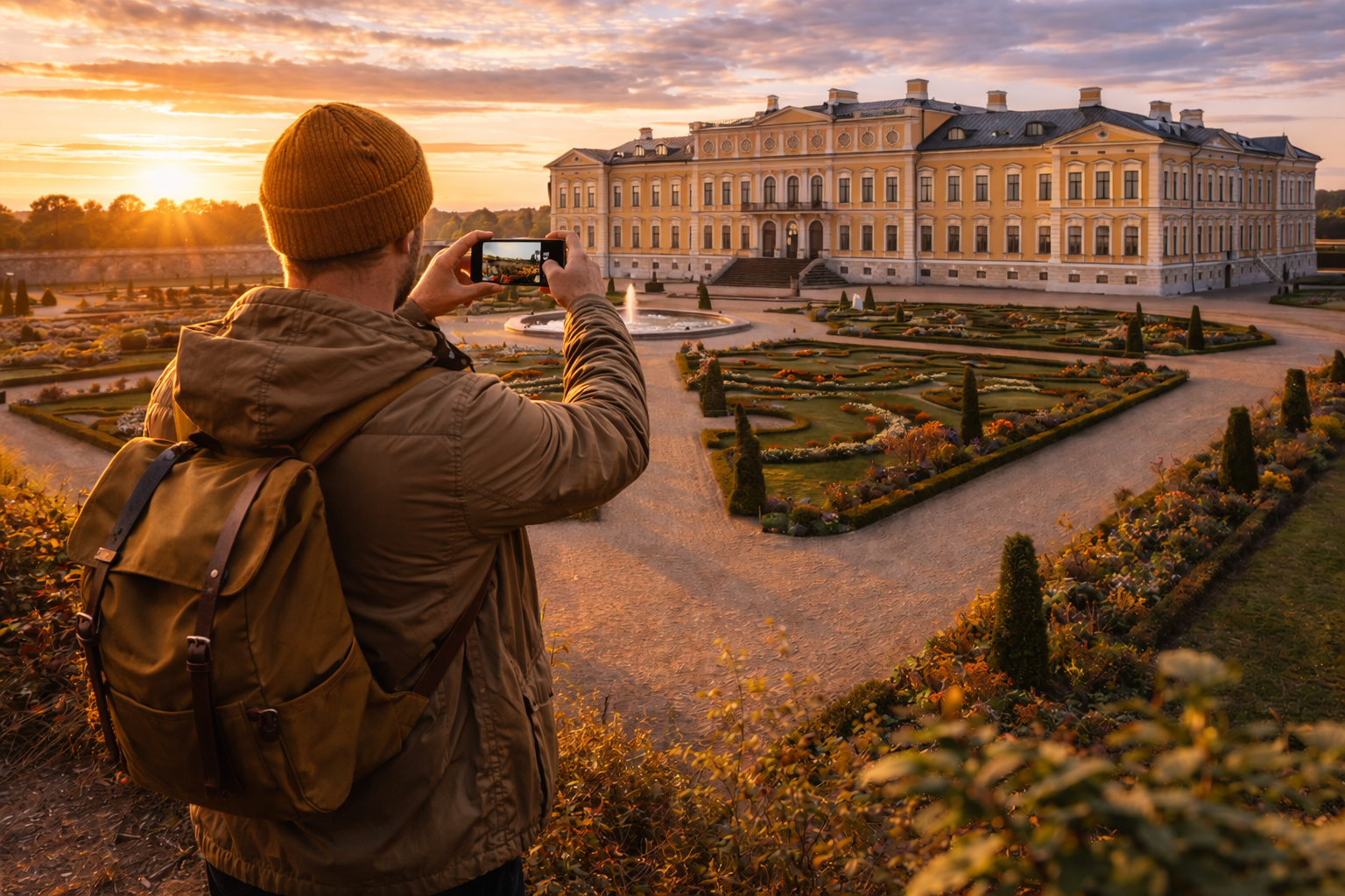 Rundāle Palace and a tourist with an eSIM smartphone
