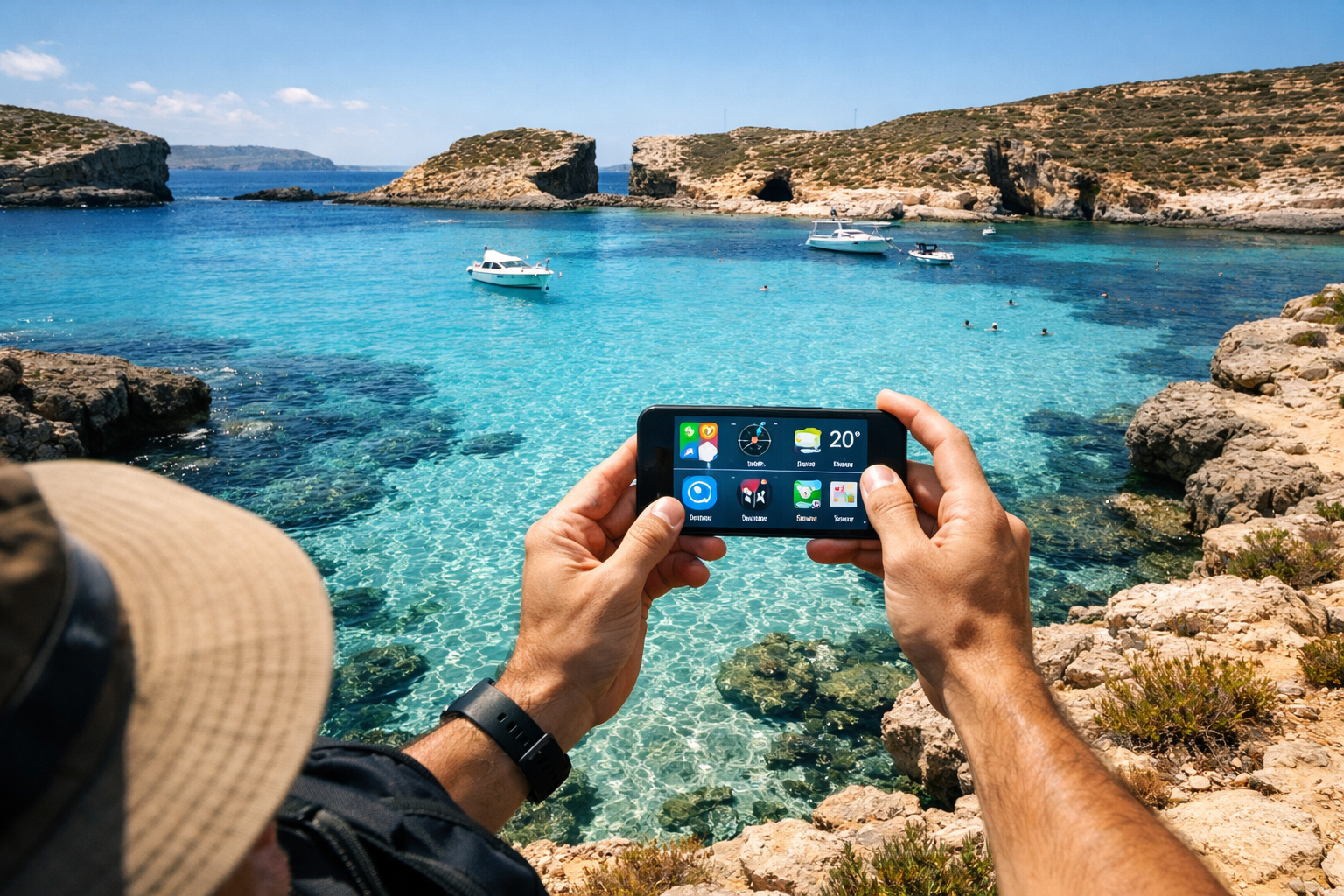 Pelancong menggunakan telefon pintar di Malta