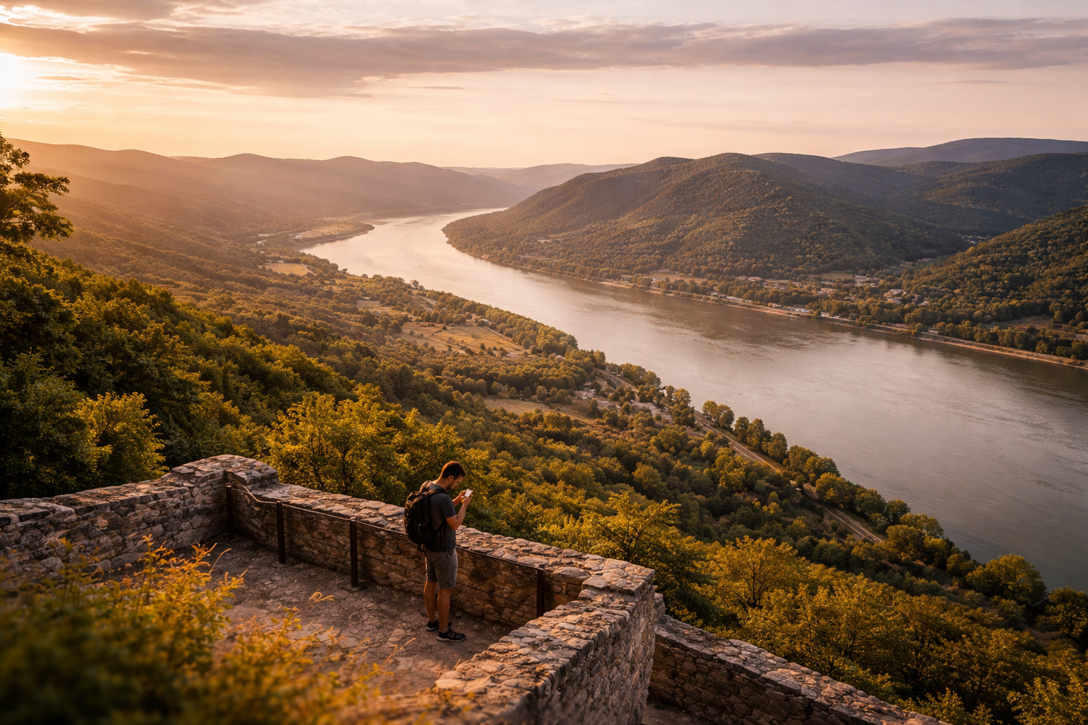 פנורמה של הדנובה ממצודת וישגראד עם תיירים ברקע