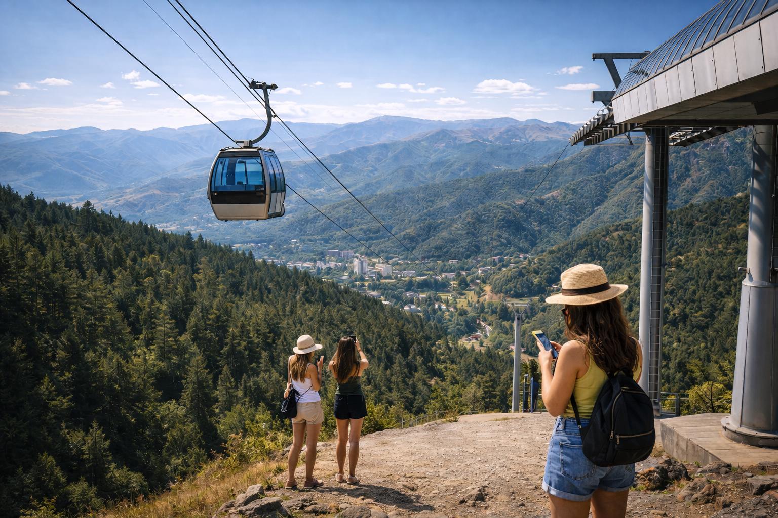 Tsaghkadzor in the mountains of Armenia with a cable car and tourists staying online thanks to eSIM