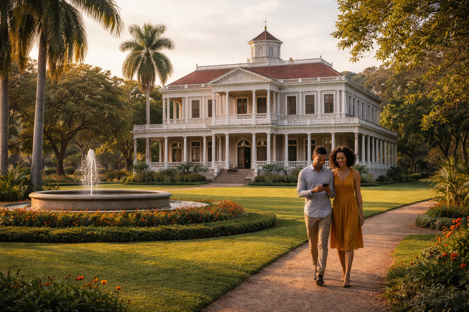 Devon House historic building in Kingston, a couple in the background using a phone