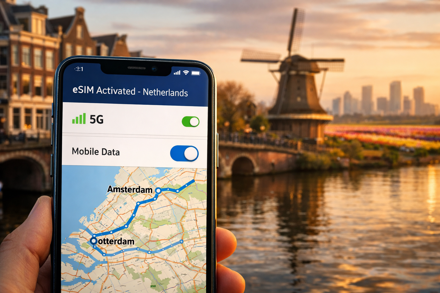 A smartphone with an activated Netherlands eSIM against the backdrop of Amsterdam’s canals, a windmill, and Rotterdam’s modern skyline