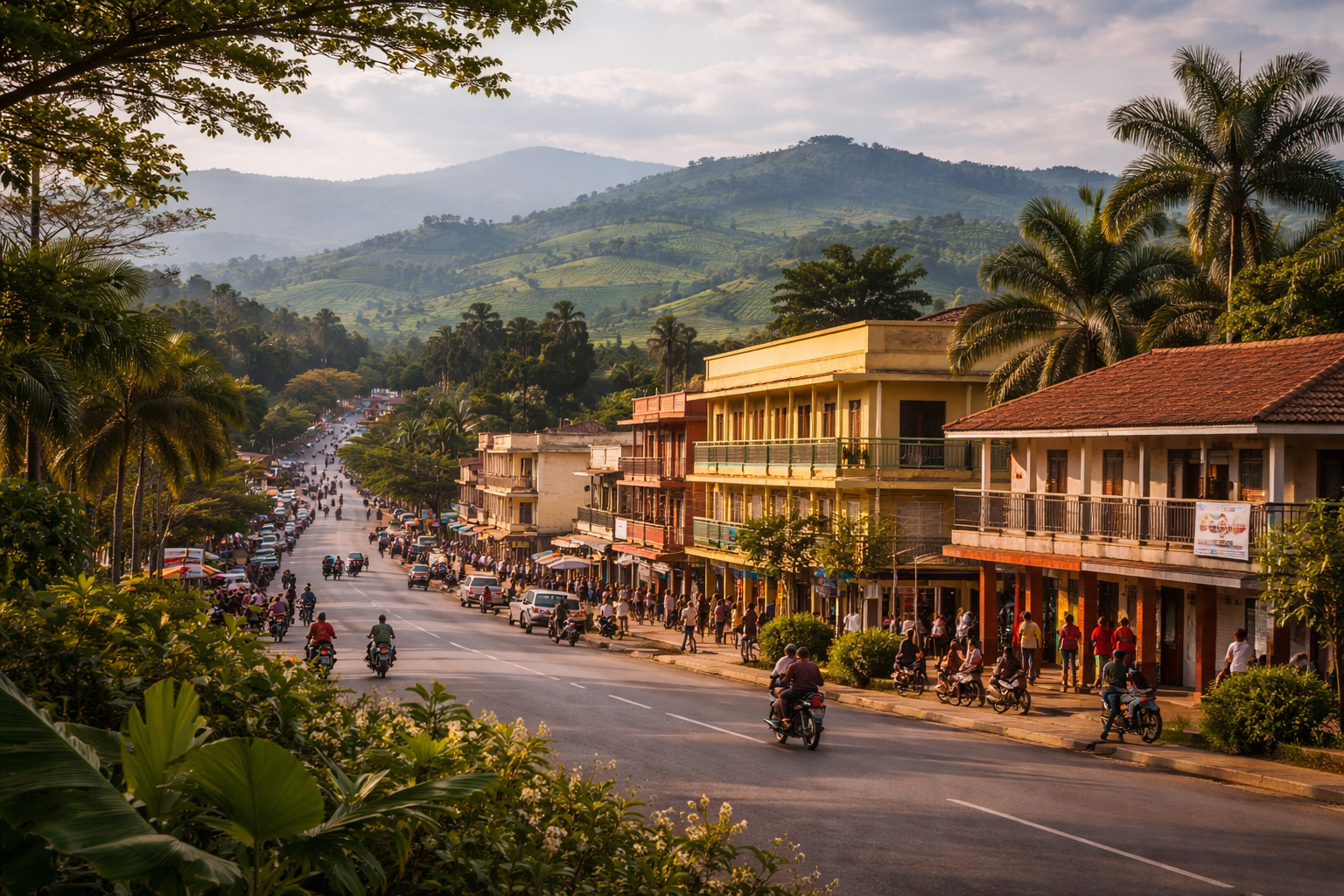 Fort Portal di Uganda dengan bukit hijau, jalan tenang dan suasana bandar yang selesa di tengah alam