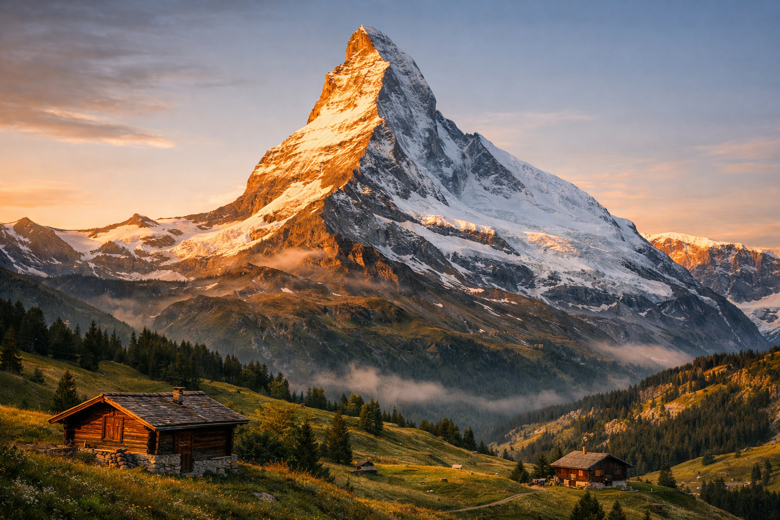 Góra Matterhorn w Szwajcarskich Alpach o świcie z panoramicznym widokiem na alpejskie szczyty