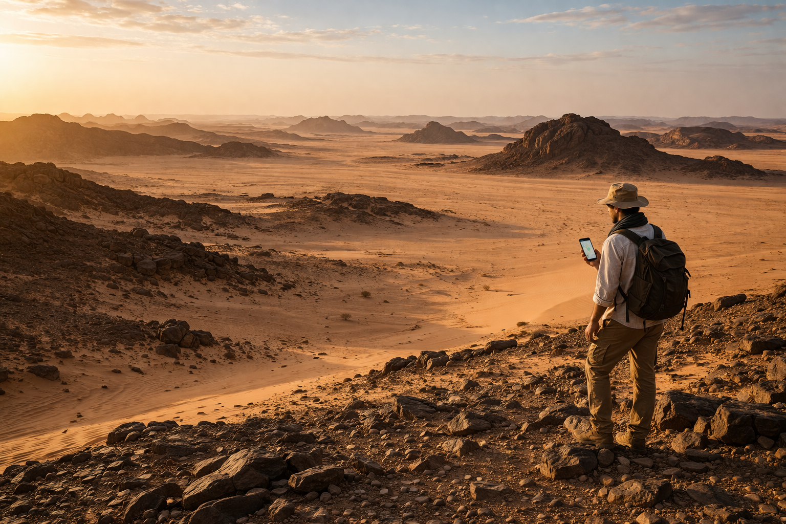 המדבר הנובי בסודן עם נוף רחב של חול וסלע, אופק פתוח ומטייל המשתמש ב-eSIM לניווט.