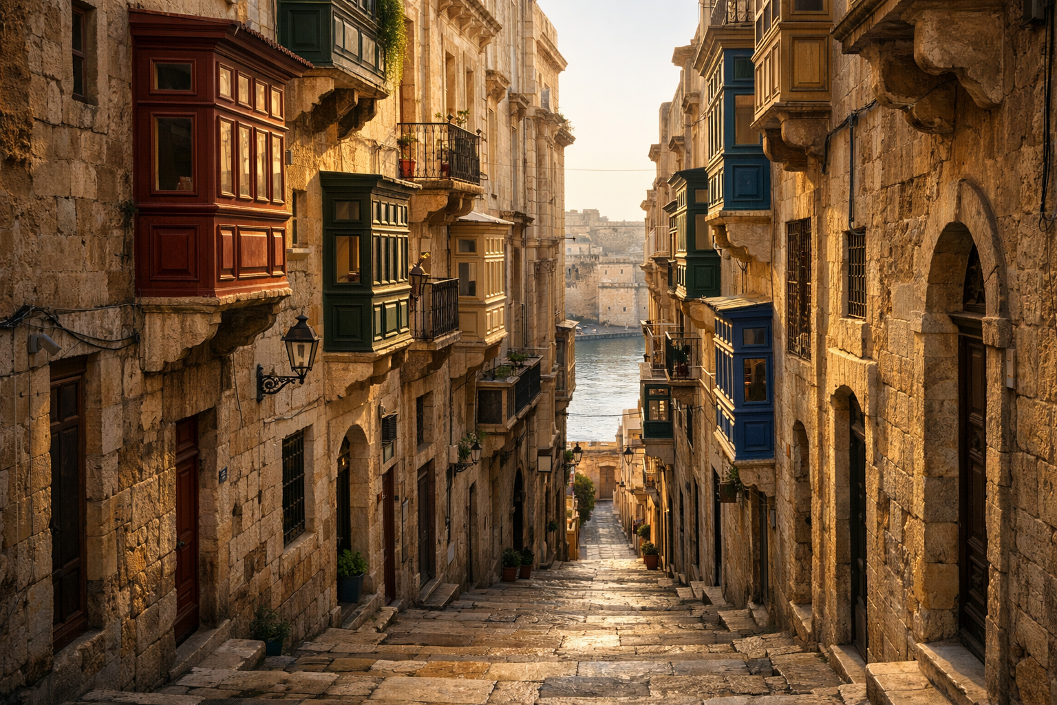Jalan-jalan Valletta di Malta dengan seni bina bersejarah