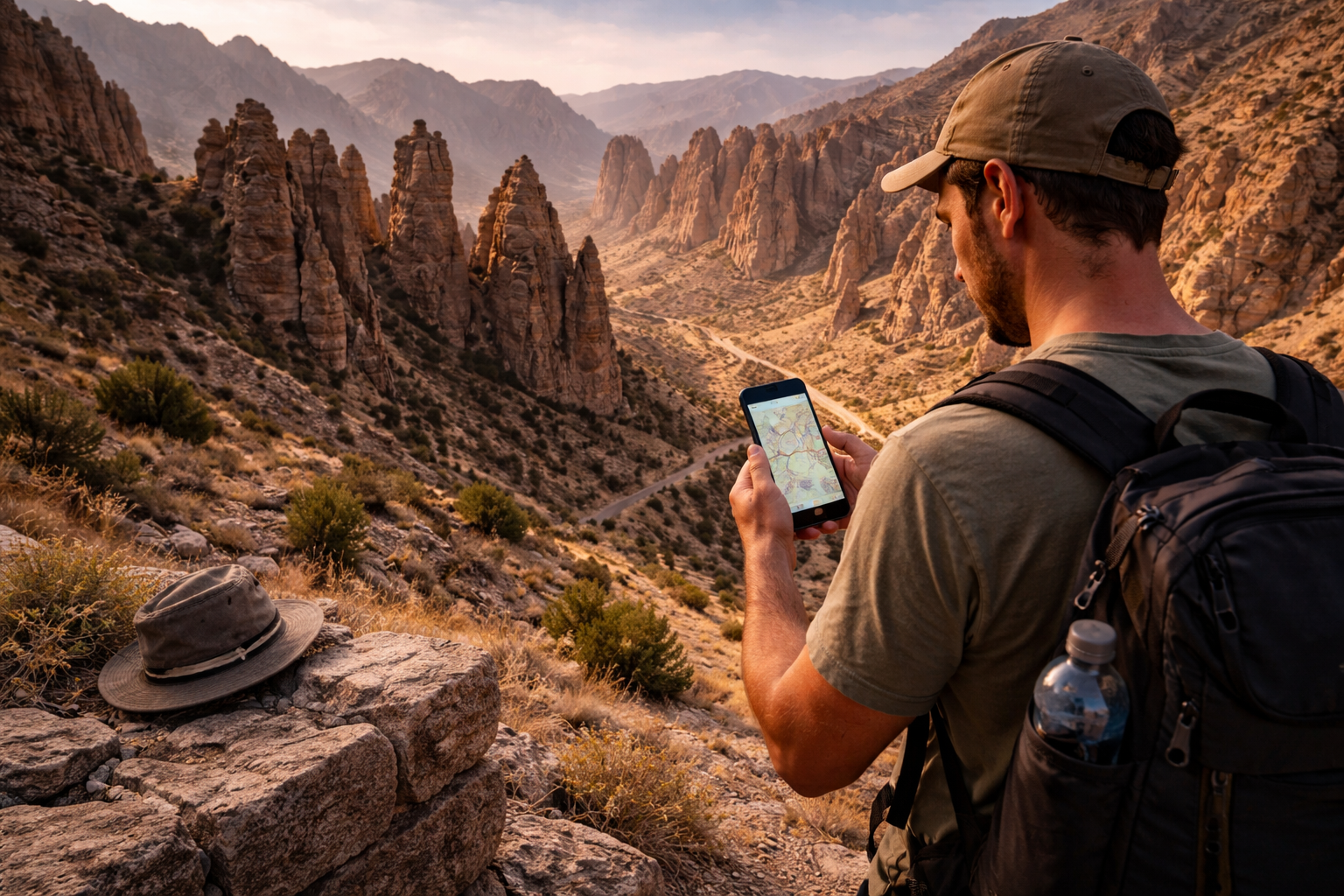 צ'ילדוחתארון בטג'יקיסטן עם פסגות סלע, נוף הררי יבש ומטייל המשתמש ב-eSIM בטלפון בזמן עצירה.