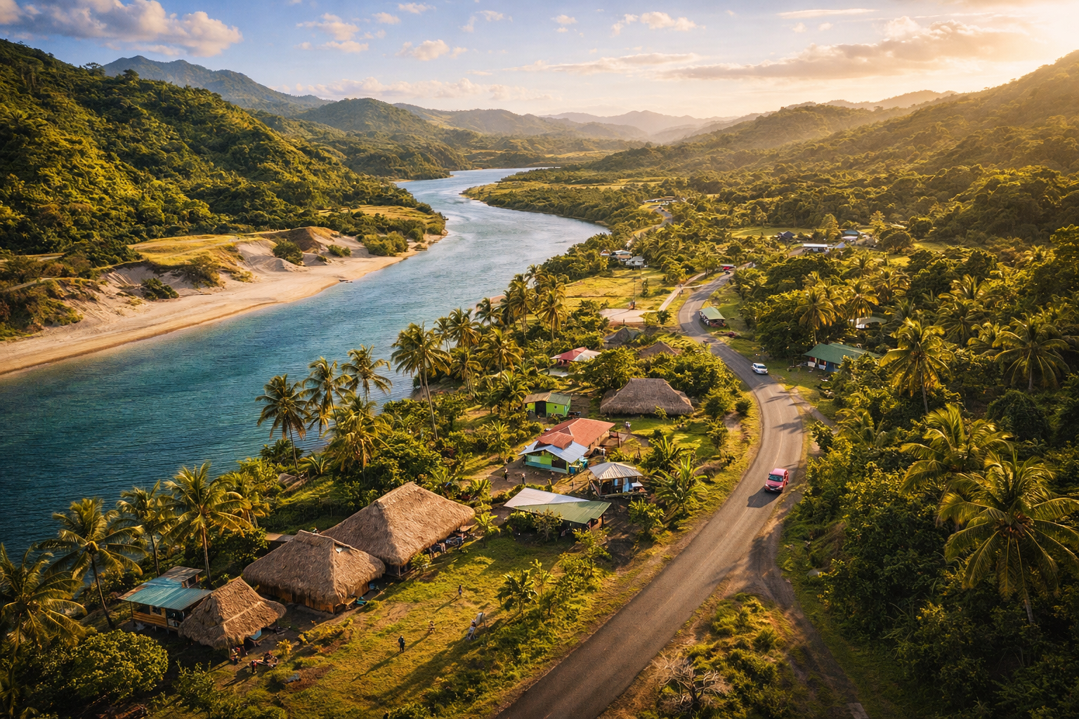 Sigatoka na Fidži s řekou, zelenými kopci, tropickou přírodou, silnicemi a atmosférou autentického ostrovního regionu