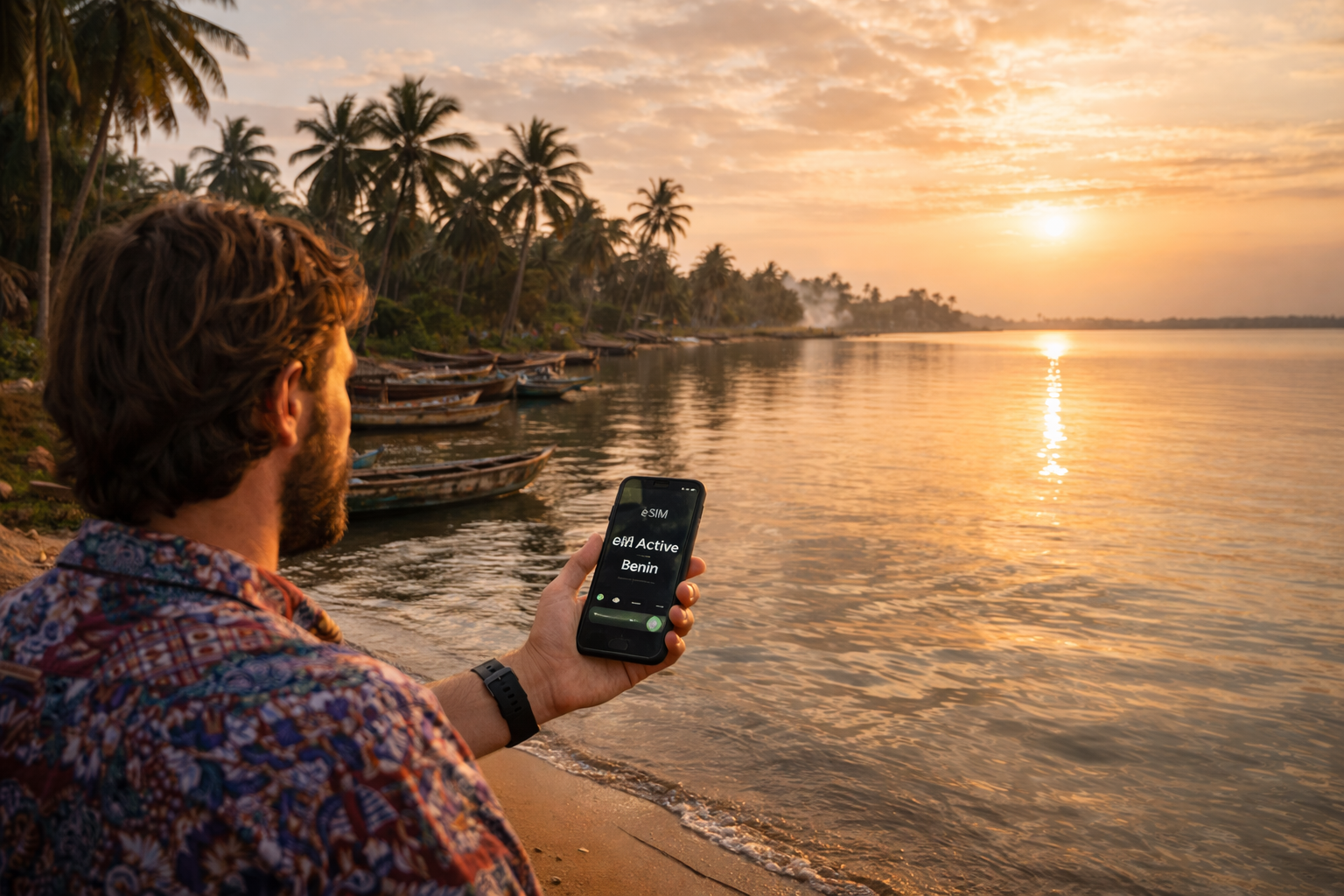 אגם אמה בבנין עם דקלים, מים שקטים, סירות ומטייל עם סמארטפון עם eSIM פעילה על שפת המים
