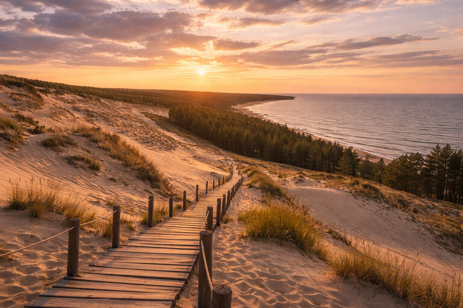 Sandy dunes of the Curonian Spit on the Baltic Sea coast with pine forests and a panoramic sea view