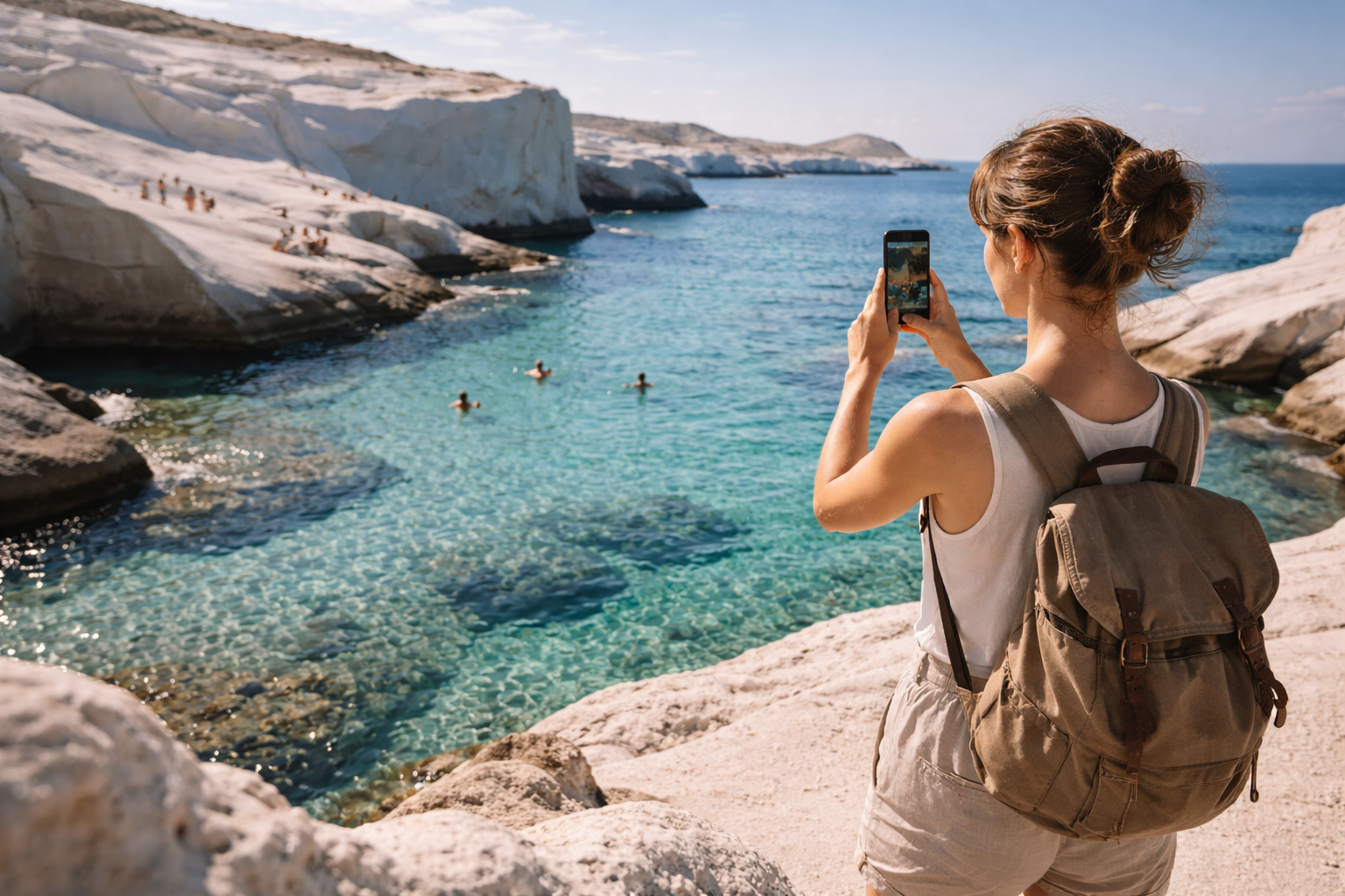 White Sarakiniko cliffs on Milos and a tourist sharing photos via eSIM mobile data