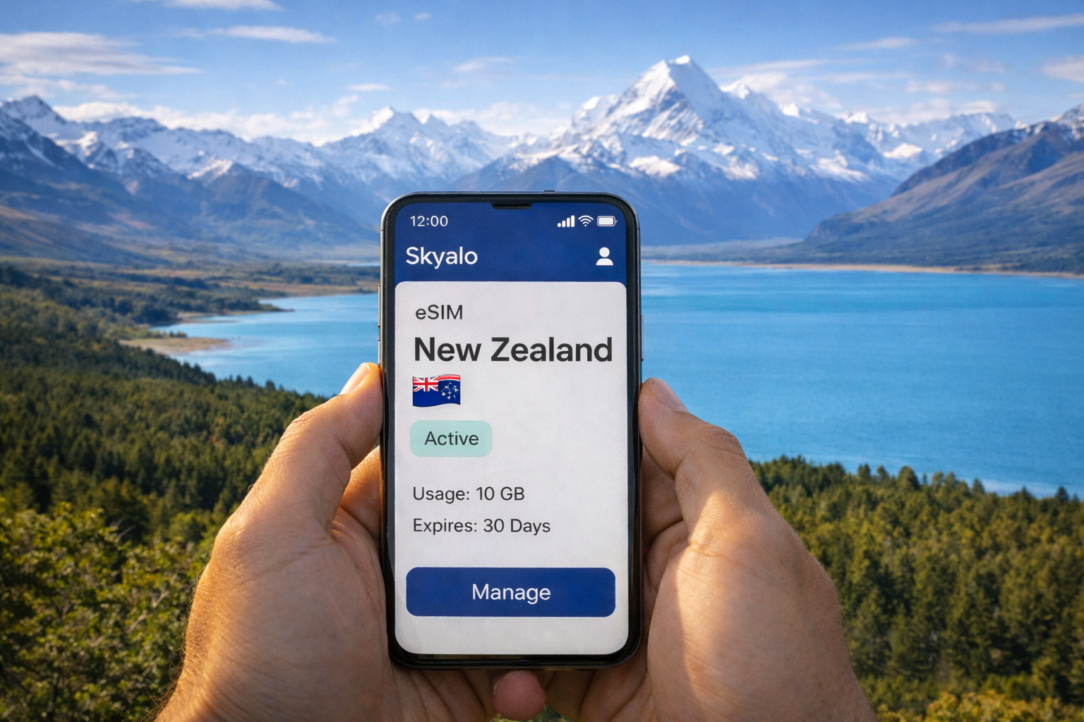 Viedtālrunis ar Skyalo eSIM Jaunzēlandei uz kalnu, ezera un skaistas dabas fona, statuss aktīvs