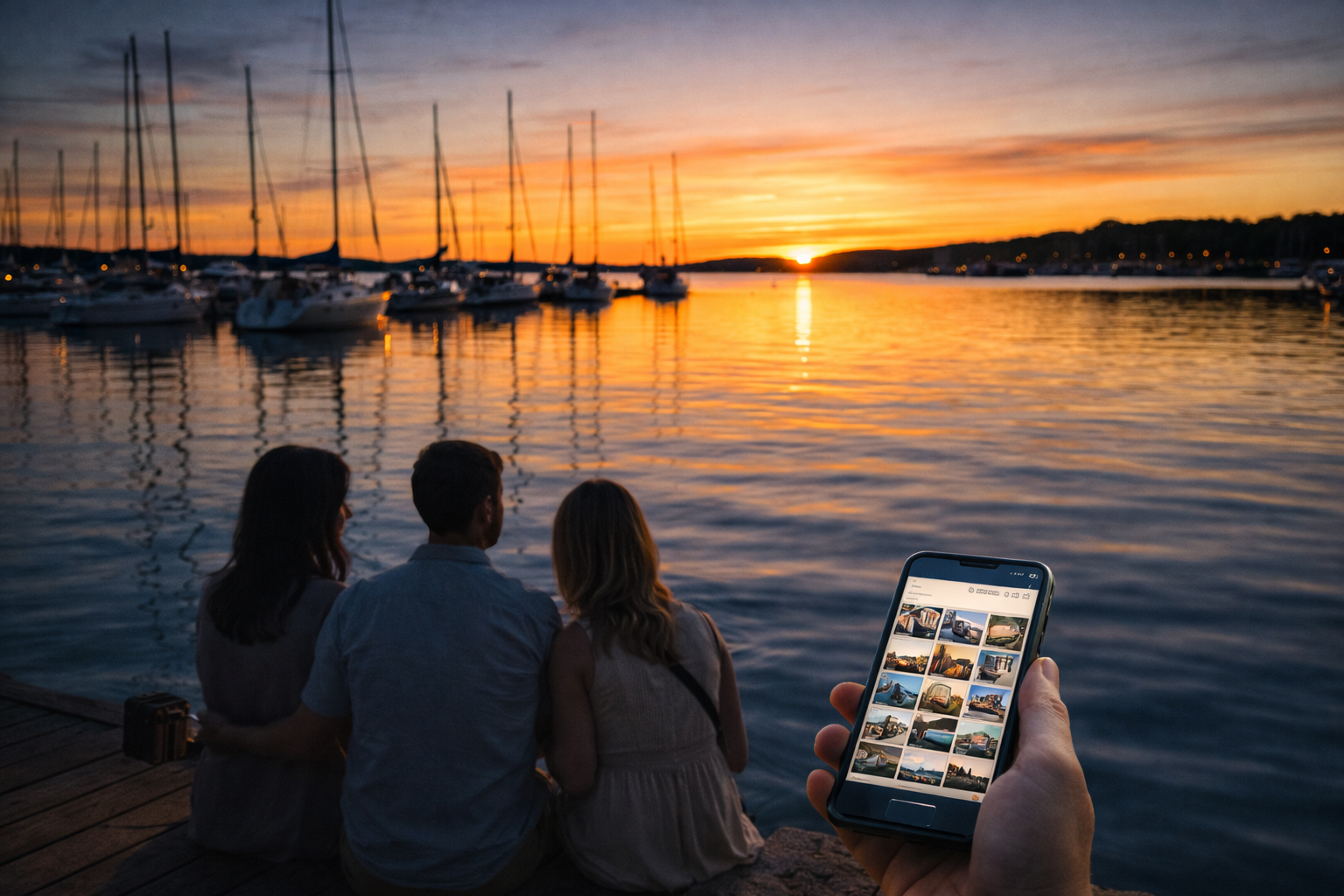 Sunset in Mariehamn’s West Harbor with yachts and tourists using an eSIM-enabled smartphone