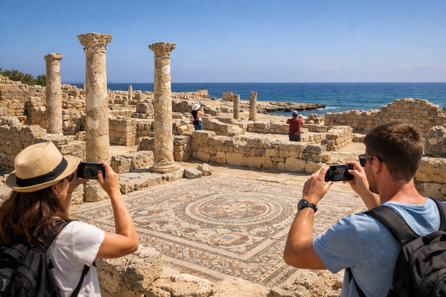 Rovine antiche del parco archeologico di Paphos a Cipro, con colonne e mosaici storici.